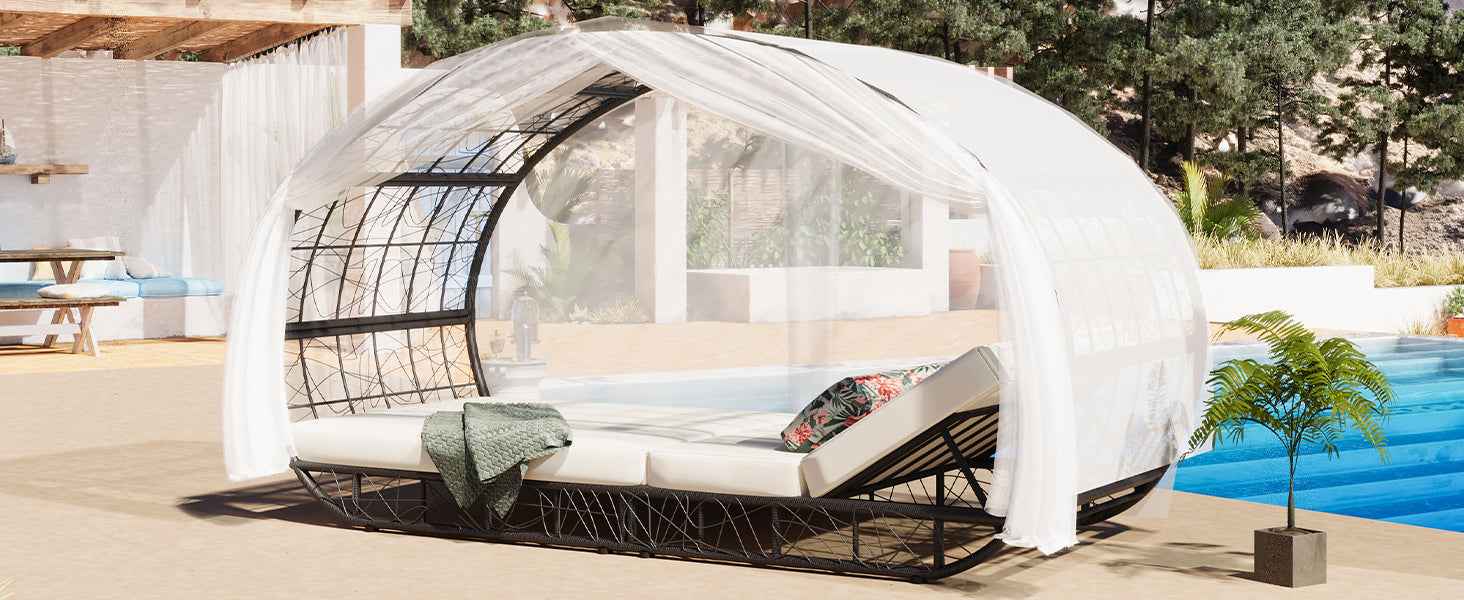 90.55" Outdoor Patio Daybed with Curtain, Sunbed with Cushion and | Furniture | Wiccan Center