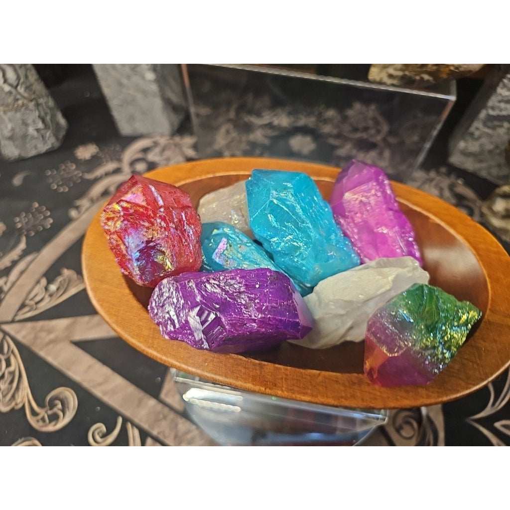 1.29lbsAura Aqua Rainbow Quartz W/wooden Bowl