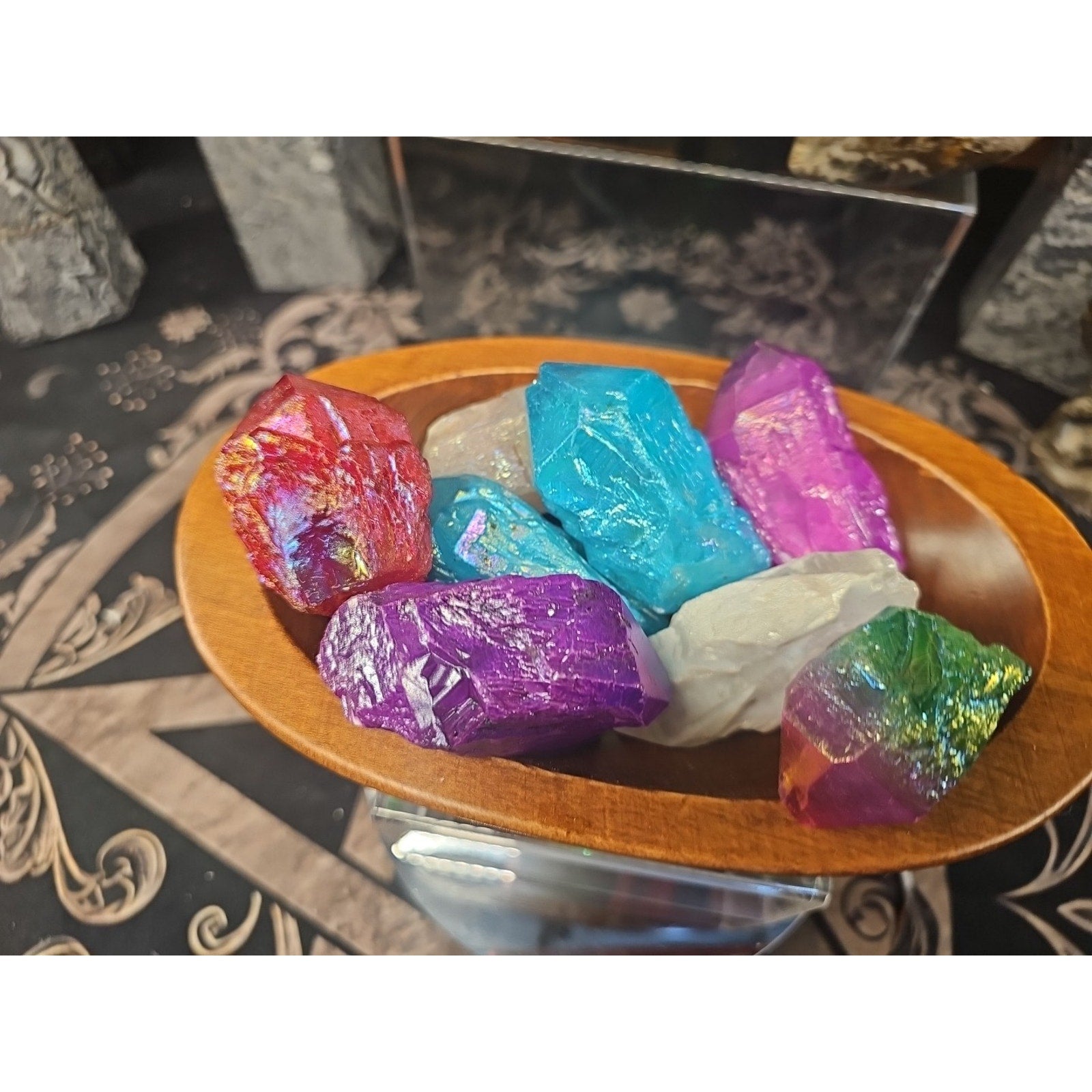 1.29lbsAura Aqua Rainbow Quartz W/wooden Bowl