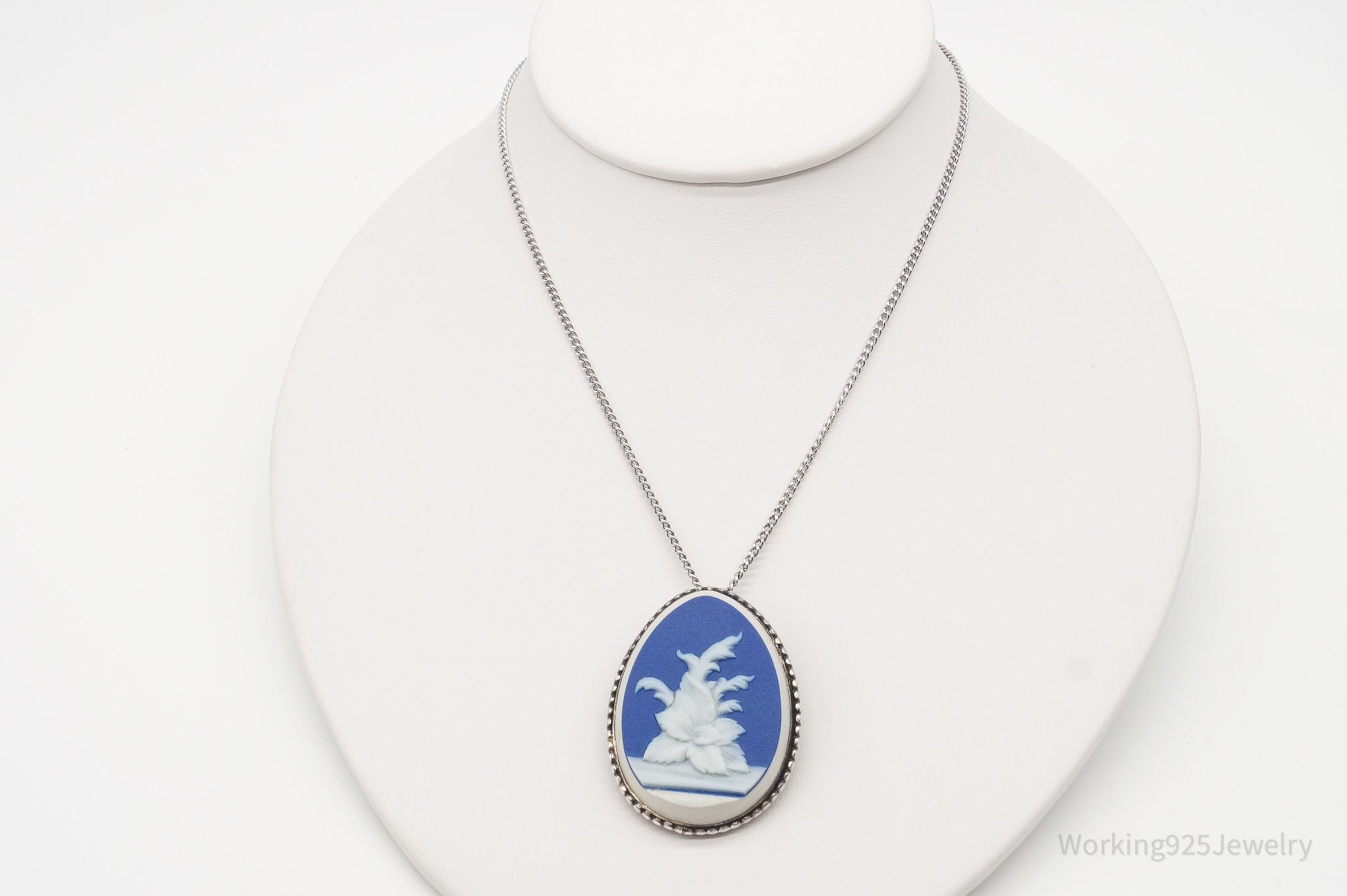 Vintage Carved Blue Agate Flower Sterling Silver Necklace 23" | Jewelry > Necklaces > Pendants | Wiccan Center