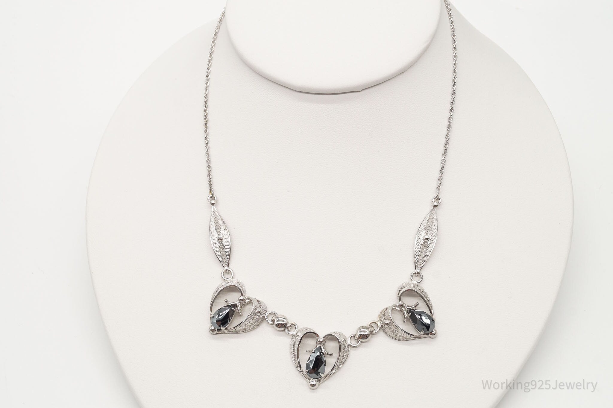 Vintage Designer Sorrento Hematite Filigree Hearts Sterling Silver Necklace | Jewelry > Necklaces > Pendants | Wiccan Center
