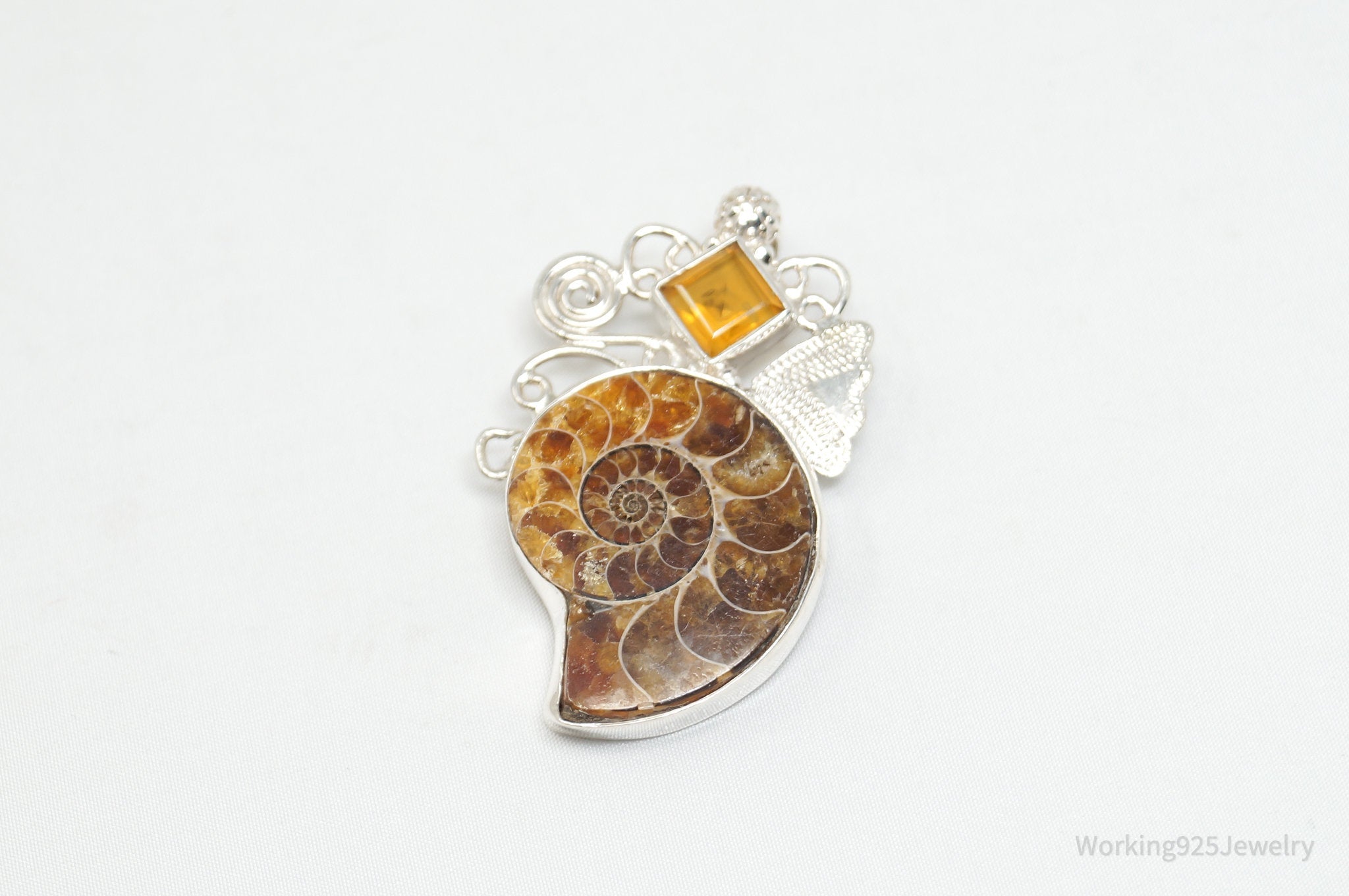 Vintage Large Ammonite Fossil Shell Citrine Sterling Silver Necklace Pendant | Jewelry > Necklaces > Pendants | Wiccan Center