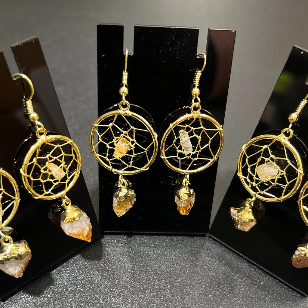 DreamCatcher Earrings Pair (Citrine Crystal)(Gold Plated)(Stainless Steel Hooks) Gemstone Jewelry Supply | Jewelry > Earrings > Dangle & Drop Earrings | Wiccan Center