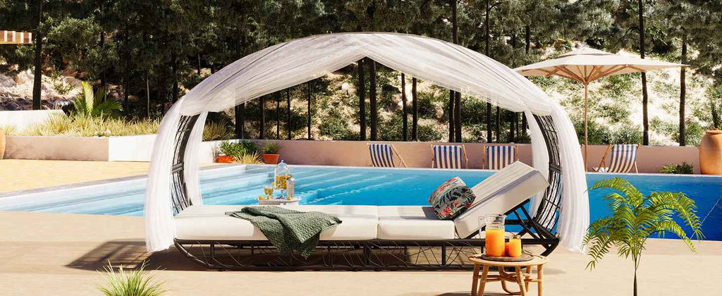 90.55" Outdoor Patio Daybed with Curtain, Sunbed with Cushion and | Furniture | Wiccan Center