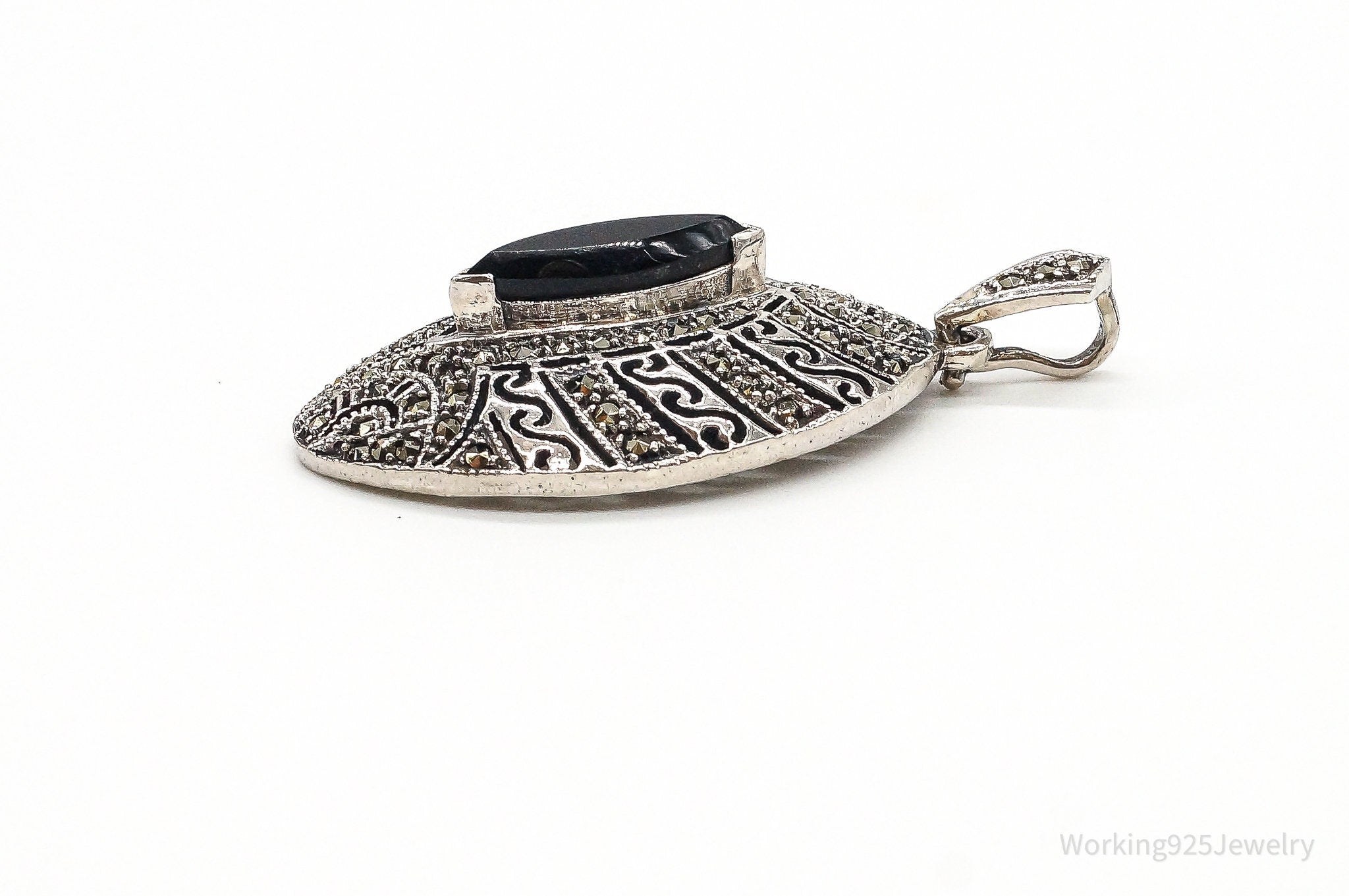 Vintage Large Black Onyx Marcasite Sterling Silver Pendant | Jewelry > Necklaces > Pendants | Wiccan Center