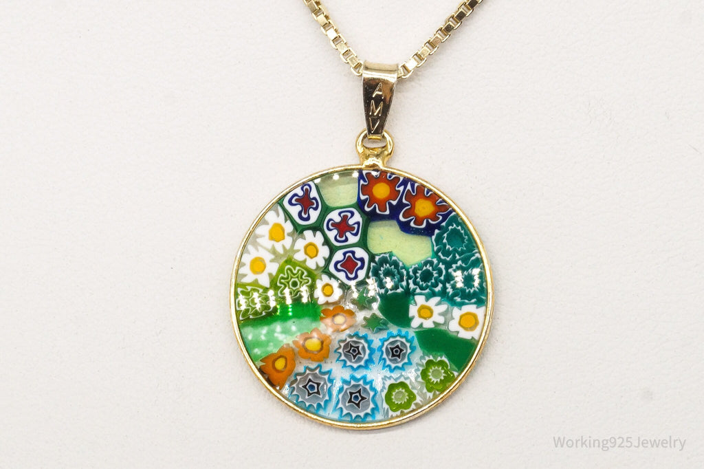Vintage Glass Murano Millefiori Flowers Gold Vermeil Sterling Silver Necklace | Jewelry > Necklaces > Pendants | Wiccan Center