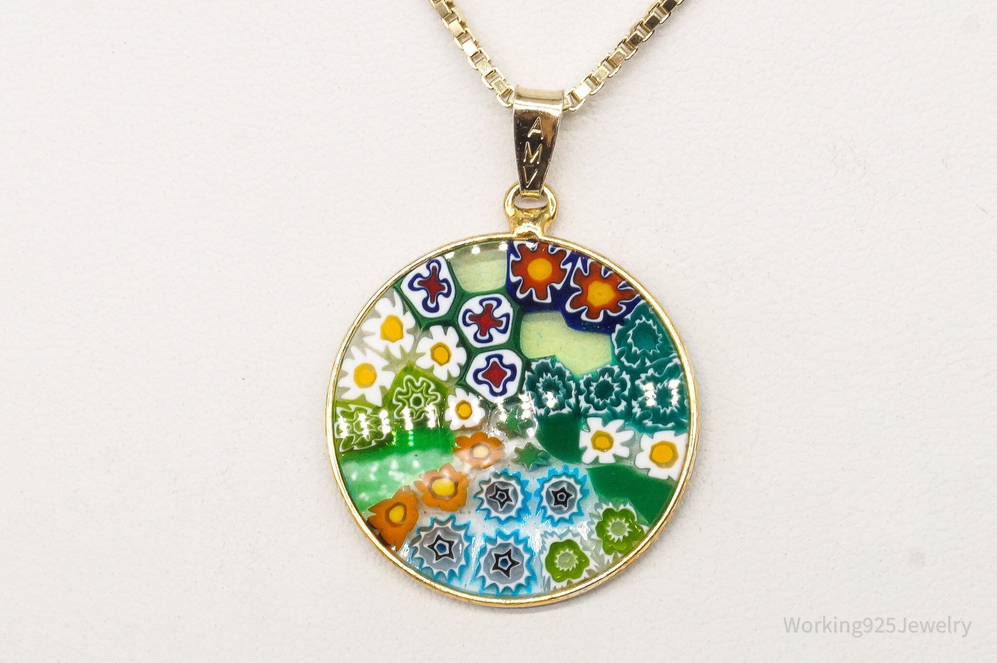 Vintage Glass Murano Millefiori Flowers Gold Vermeil Sterling Silver Necklace | Jewelry > Necklaces > Pendants | Wiccan Center