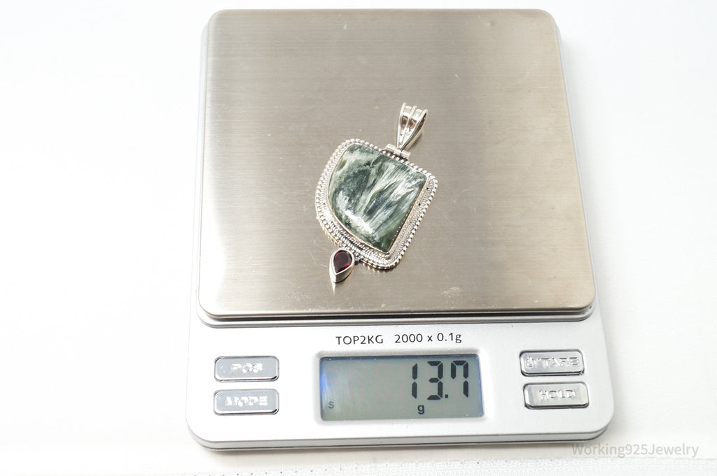 Vintage Large Green Seraphinite Garnet Sterling Silver Necklace Pendant | Jewelry > Necklaces > Pendants | Wiccan Center