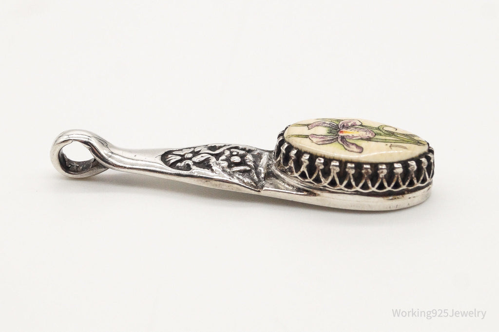 Antique Hand Painted Flower Faux Bone Sterling Silver Pendant | Jewelry > Necklaces > Pendants | Wiccan Center