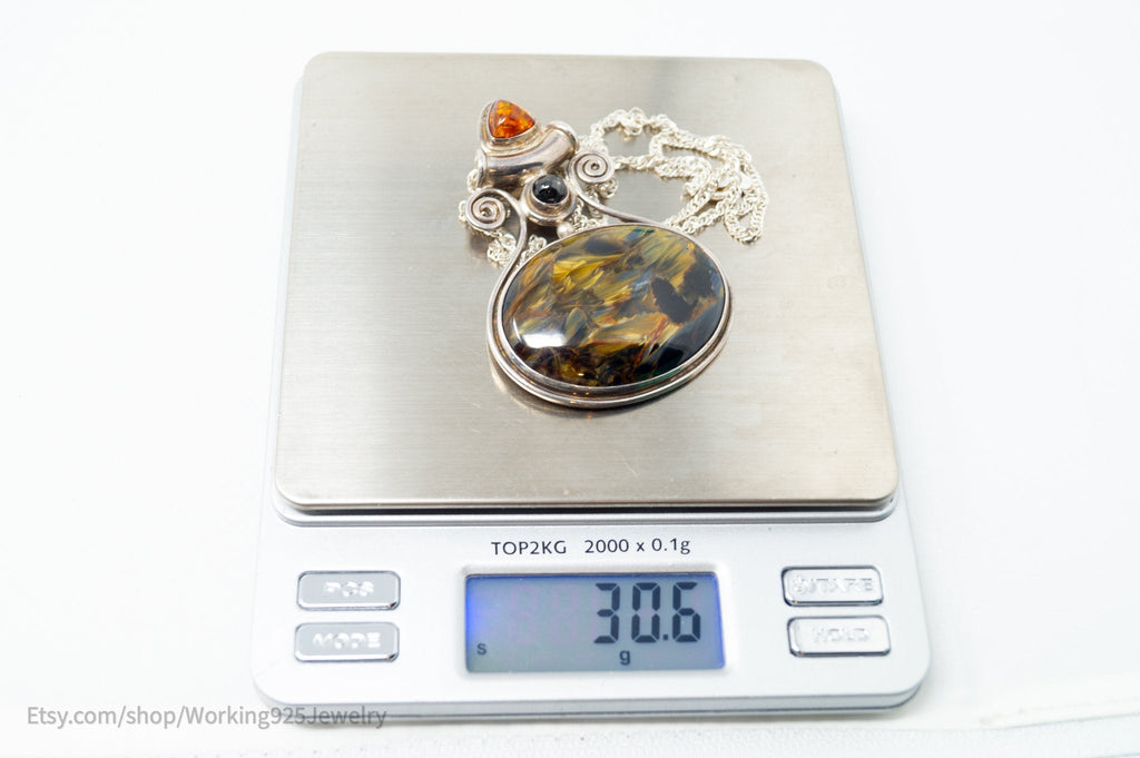 Vintage Designer SAJEN Large Blue Tigers Eye Amber Sterling Necklace | Jewelry > Necklaces > Pendants | Wiccan Center