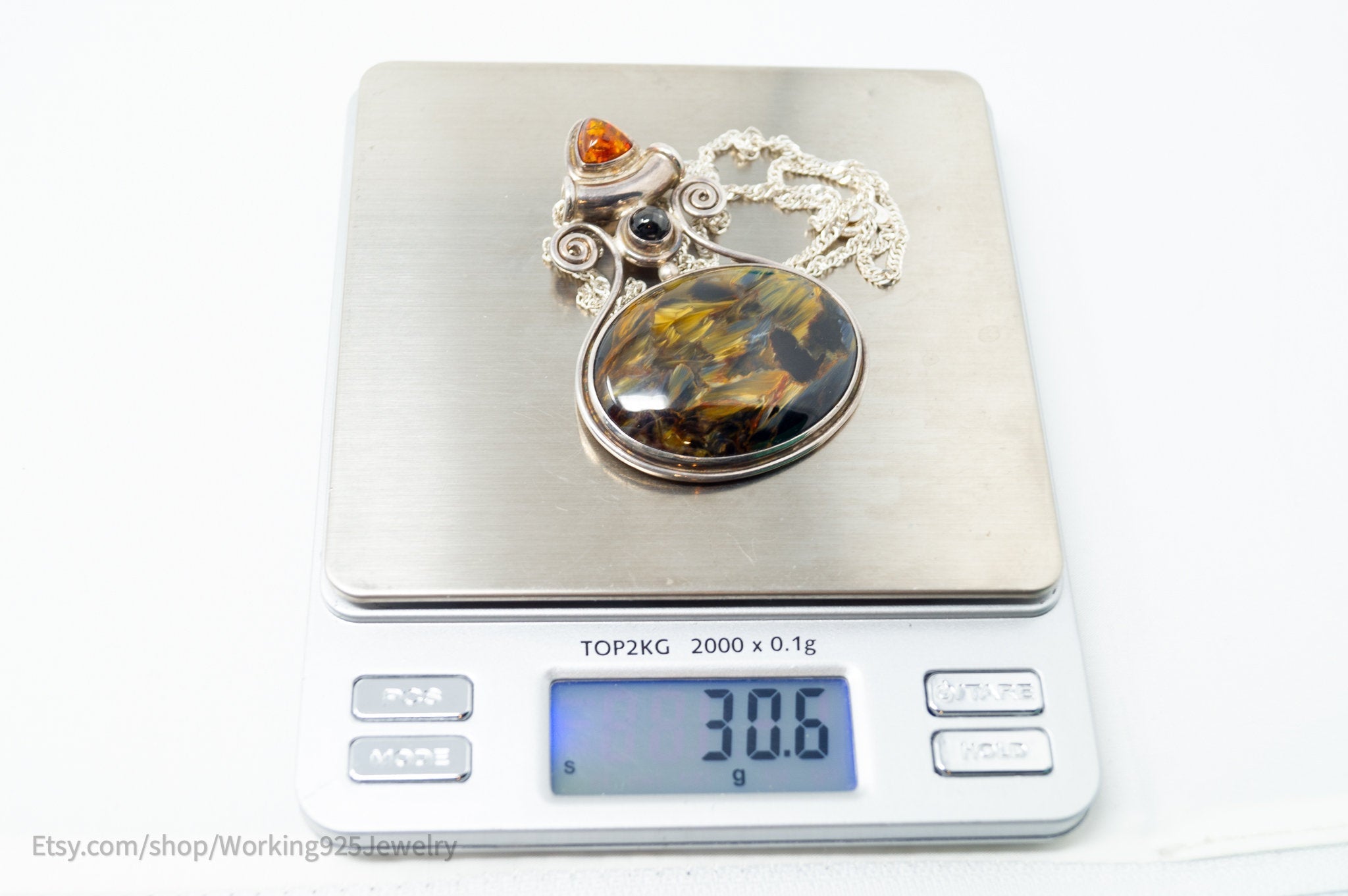 Vintage Designer SAJEN Large Blue Tigers Eye Amber Sterling Necklace | Jewelry > Necklaces > Pendants | Wiccan Center