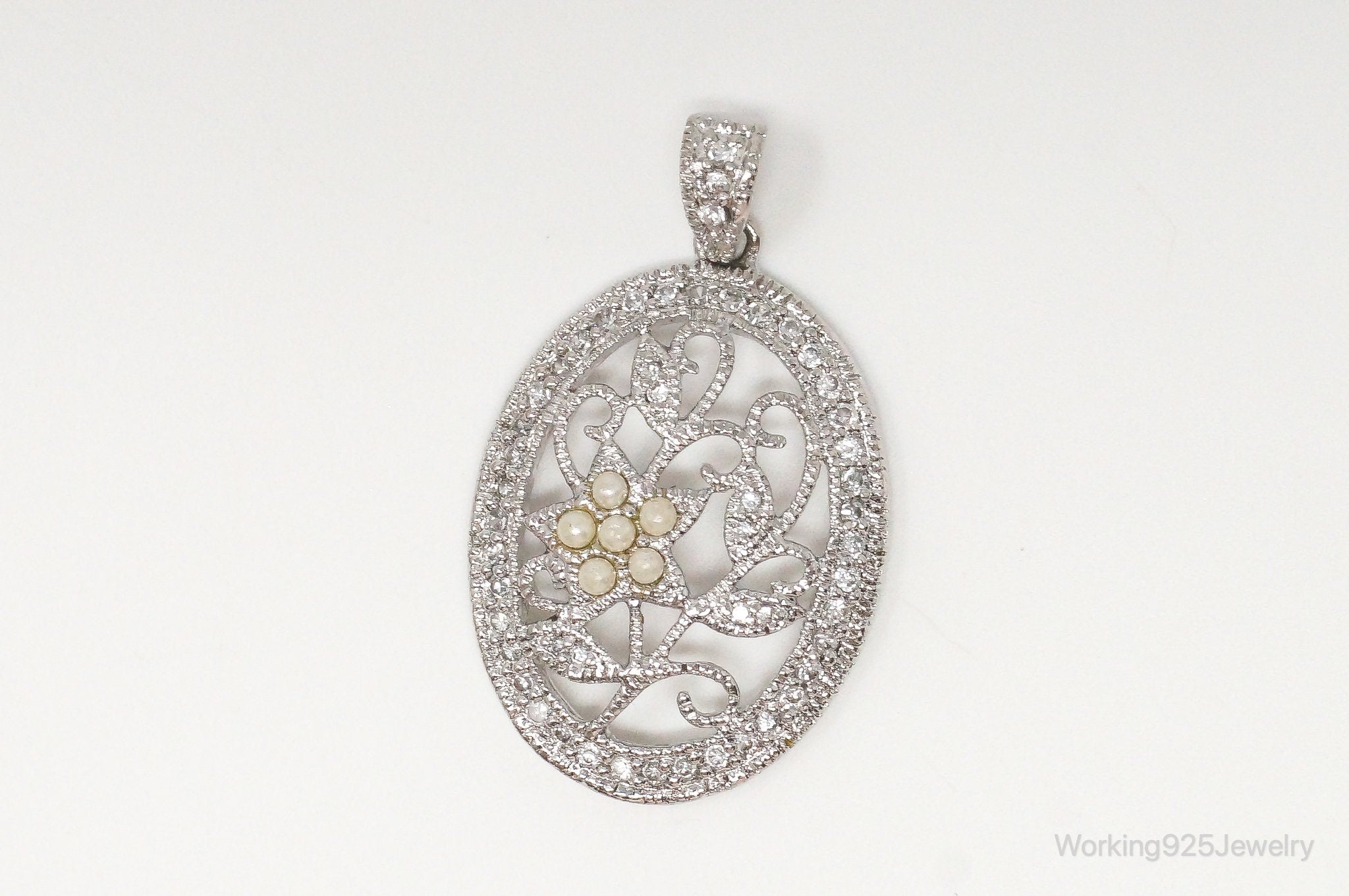Large Vintage Faux Pearl Cubic Zirconia Sterling Silver Pendant | Jewelry > Necklaces > Pendants | Wiccan Center