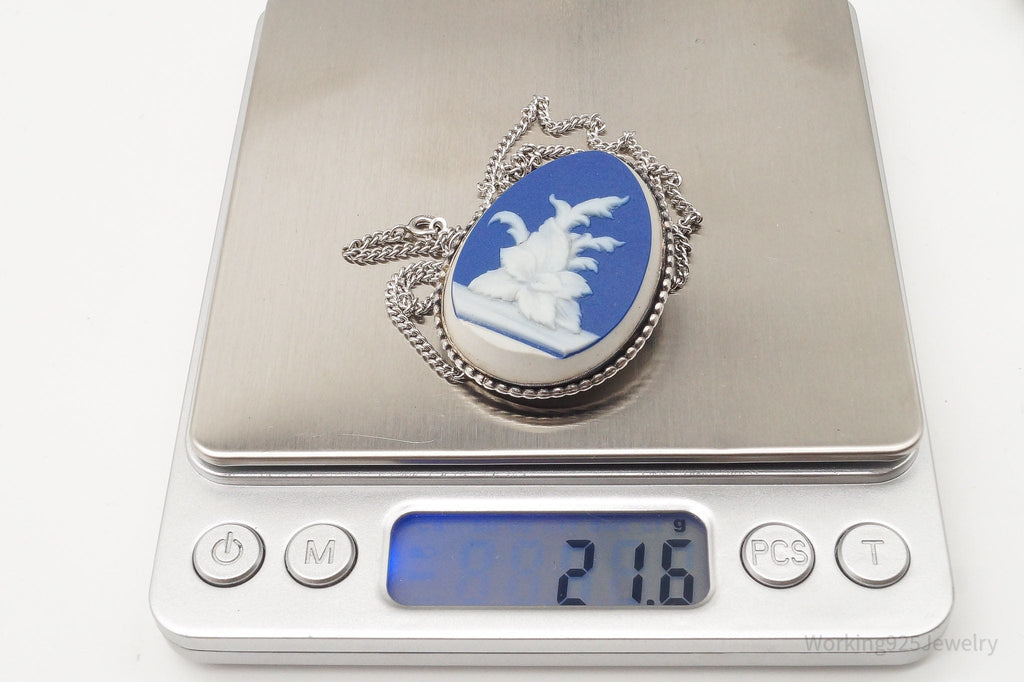 Vintage Carved Blue Agate Flower Sterling Silver Necklace 23" | Jewelry > Necklaces > Pendants | Wiccan Center