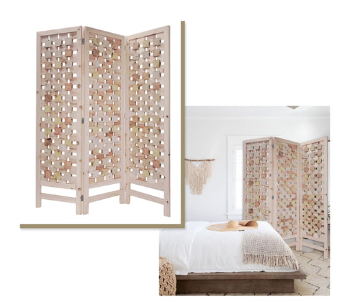 3 Panel Pink Room Divider with Cut Square Wood Design | Furniture | Wiccan Center