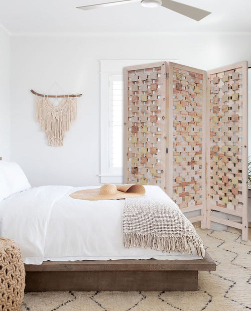 3 Panel Pink Room Divider with Cut Square Wood Design | Furniture | Wiccan Center