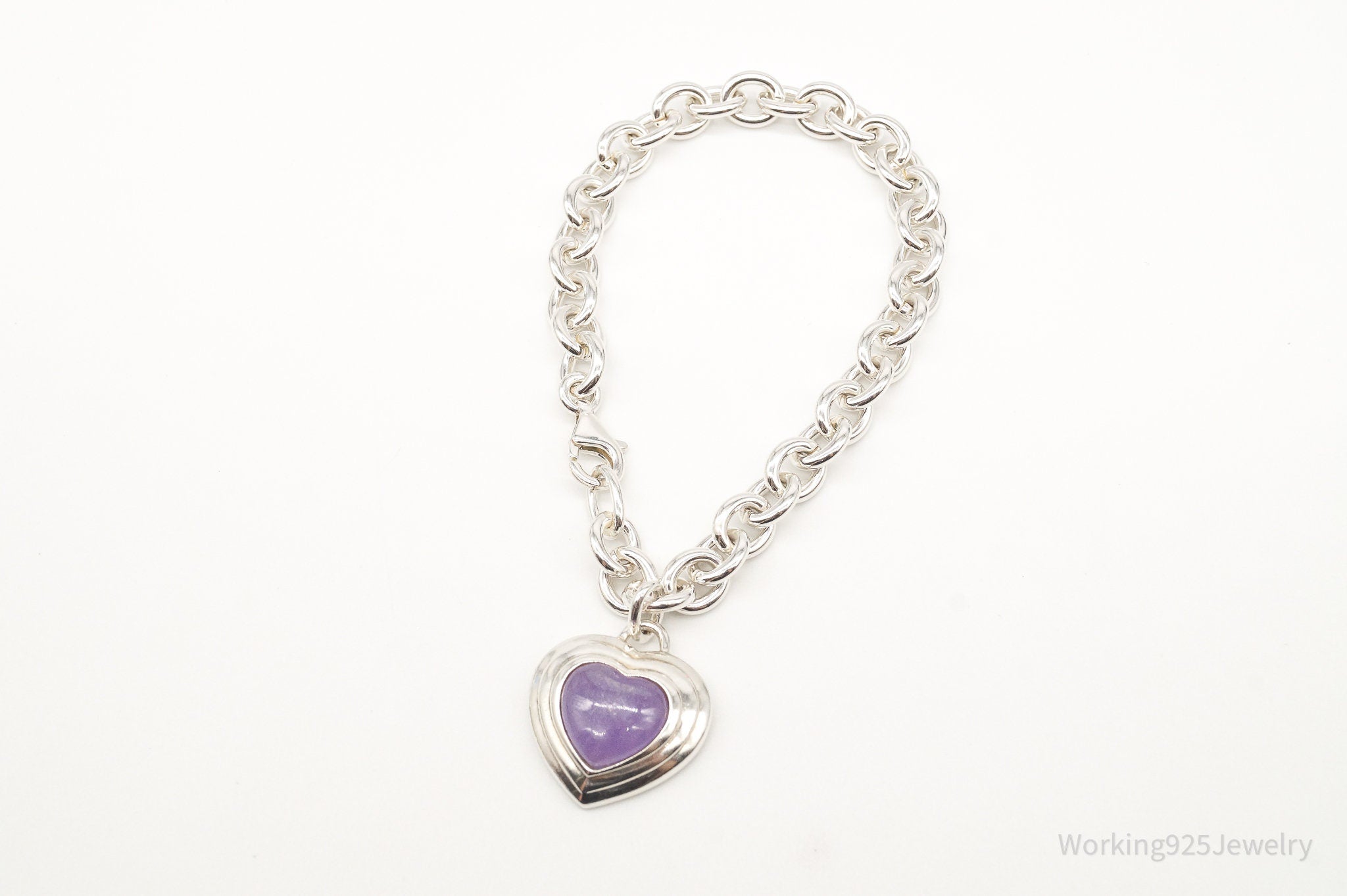 Vintage Designer CNA Lavender Jade Heart Chain Link Sterling Silver Bracelet | Jewelry > Bracelets | Wiccan Center