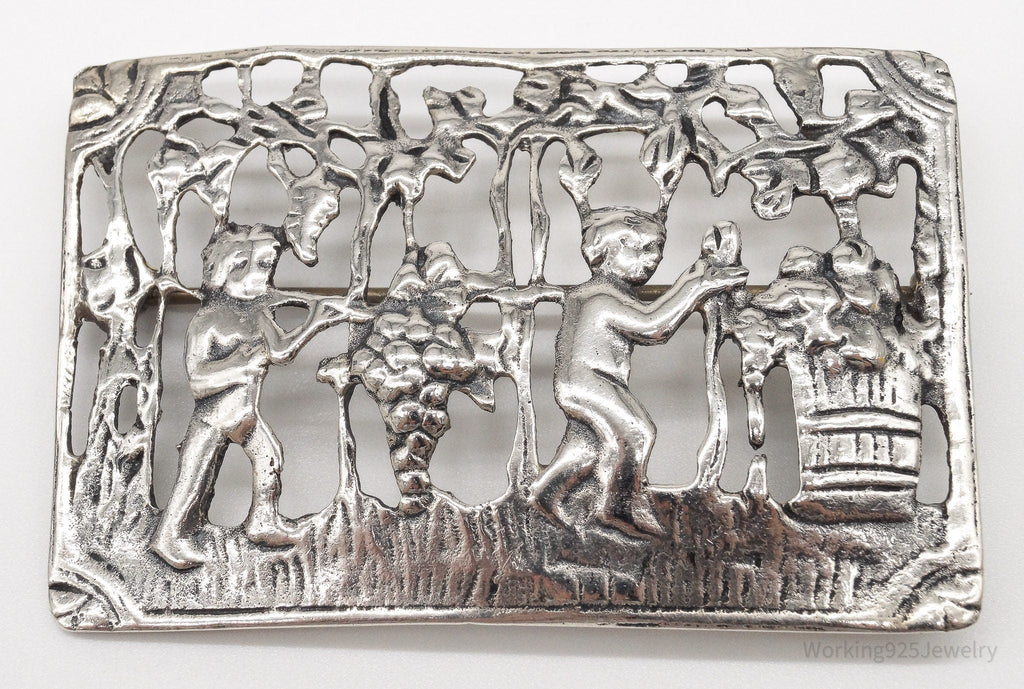 Large Rare Antique Wine Harvest / Making Wine Sterling Silver Brooch Pin | Jewelry > Brooches, Pins & Clips | Wiccan Center
