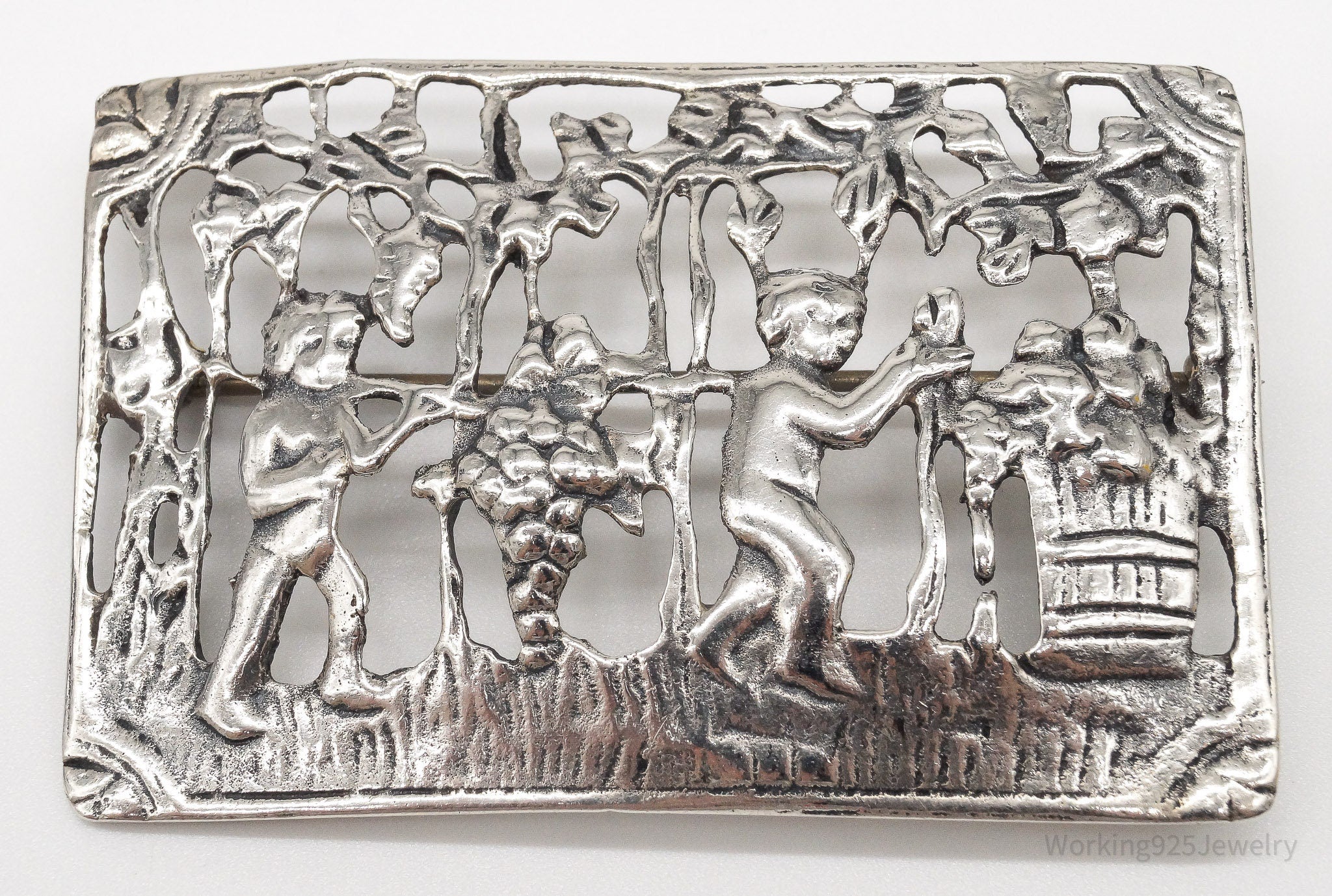 Large Rare Antique Wine Harvest / Making Wine Sterling Silver Brooch Pin | Jewelry > Brooches, Pins & Clips | Wiccan Center