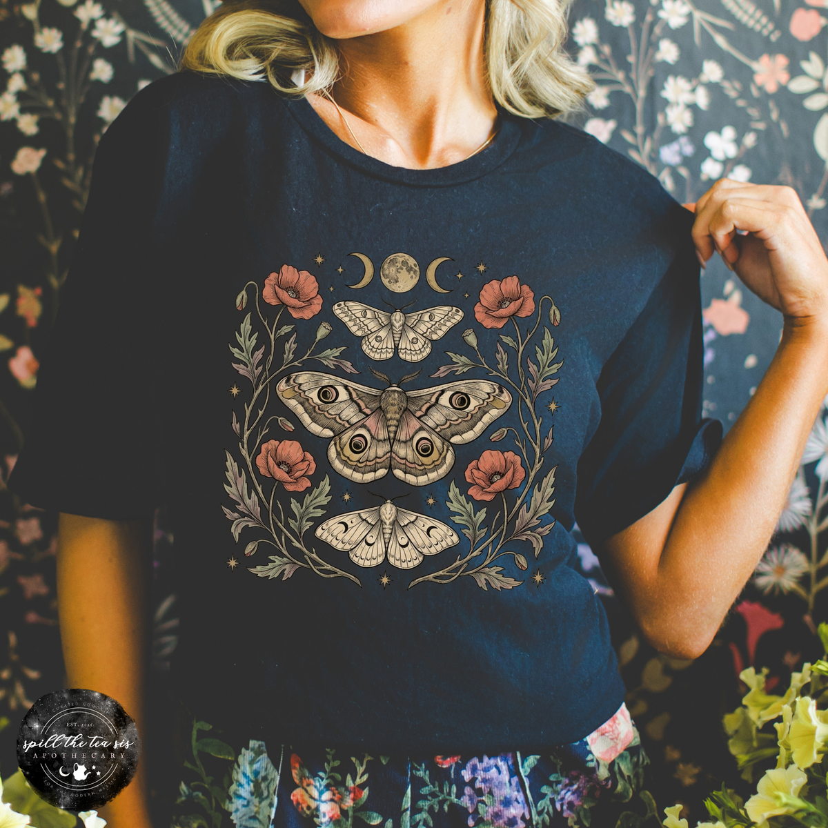 Midnight Garden Moth Tee | Celestial Botanical Moth Graphic T-Shirt | | Wiccan Center