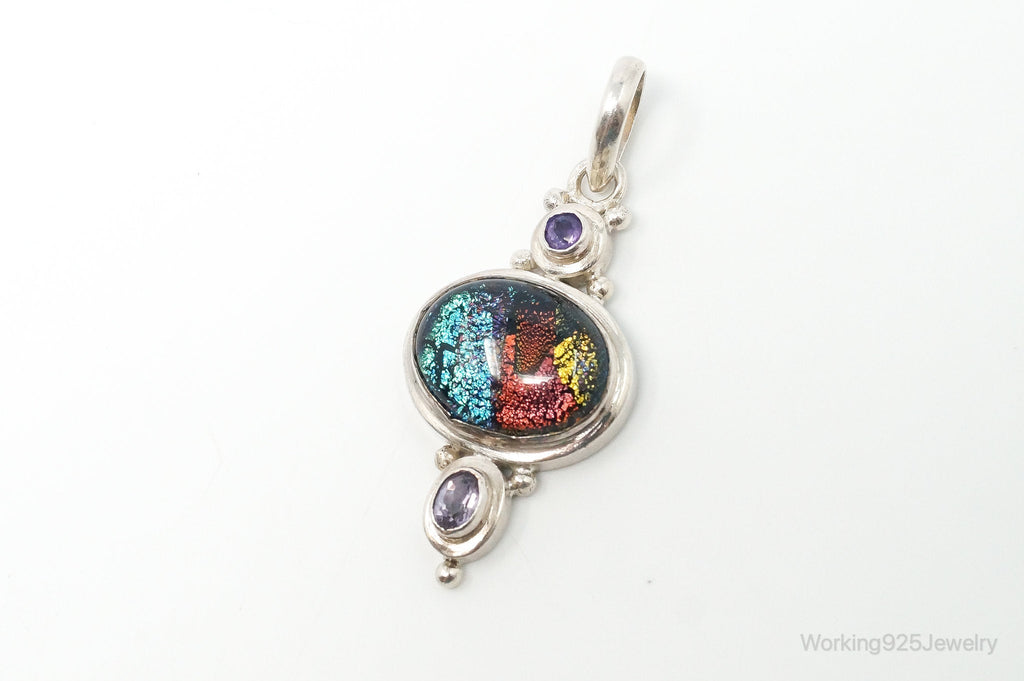 Vintage Large Dichroic Glass Amethyst Sterling Silver Necklace Pendant | Jewelry > Necklaces > Pendants | Wiccan Center