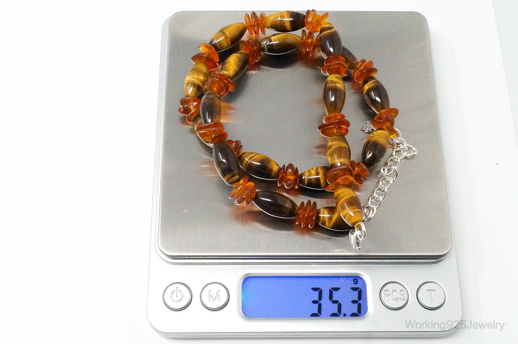 Vintage Designer GSJ Amber Tigers Eye Beads Sterling Silver Necklace | Jewelry > Necklaces > Pendants | Wiccan Center