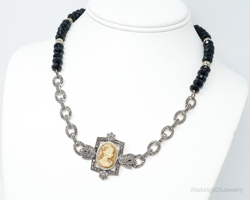 VTG Carved Cameo Shell Black Onyx Marcasite Sterling Silver Necklace | Jewelry > Necklaces > Pendants | Wiccan Center