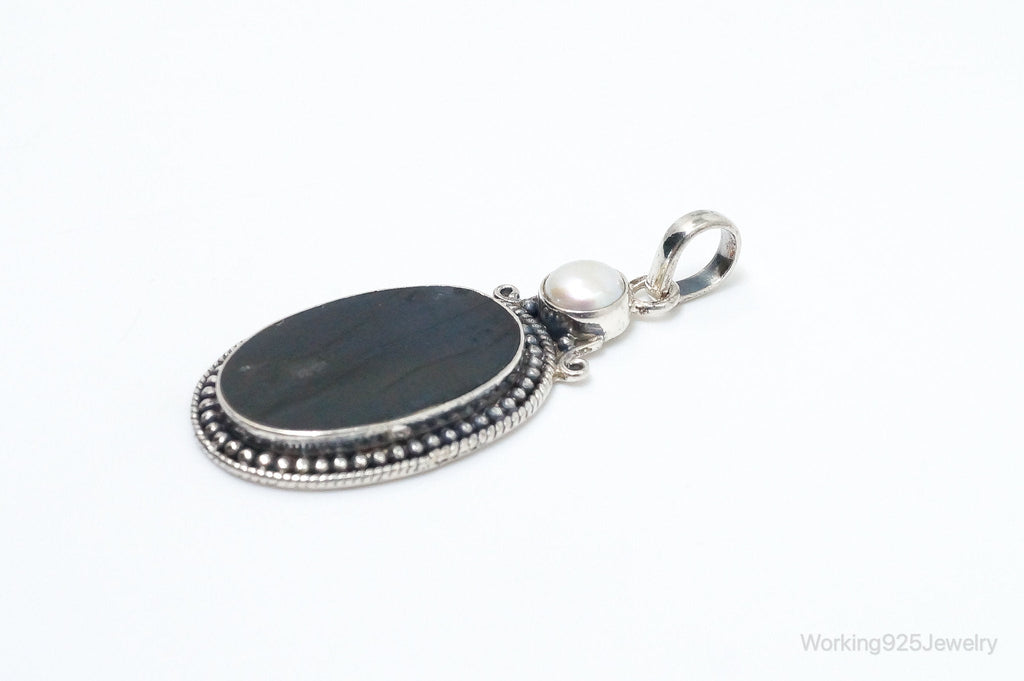 Vintage Large Labradorite Pearl Sterling Silver Necklace Pendant | Jewelry > Necklaces > Pendants | Wiccan Center