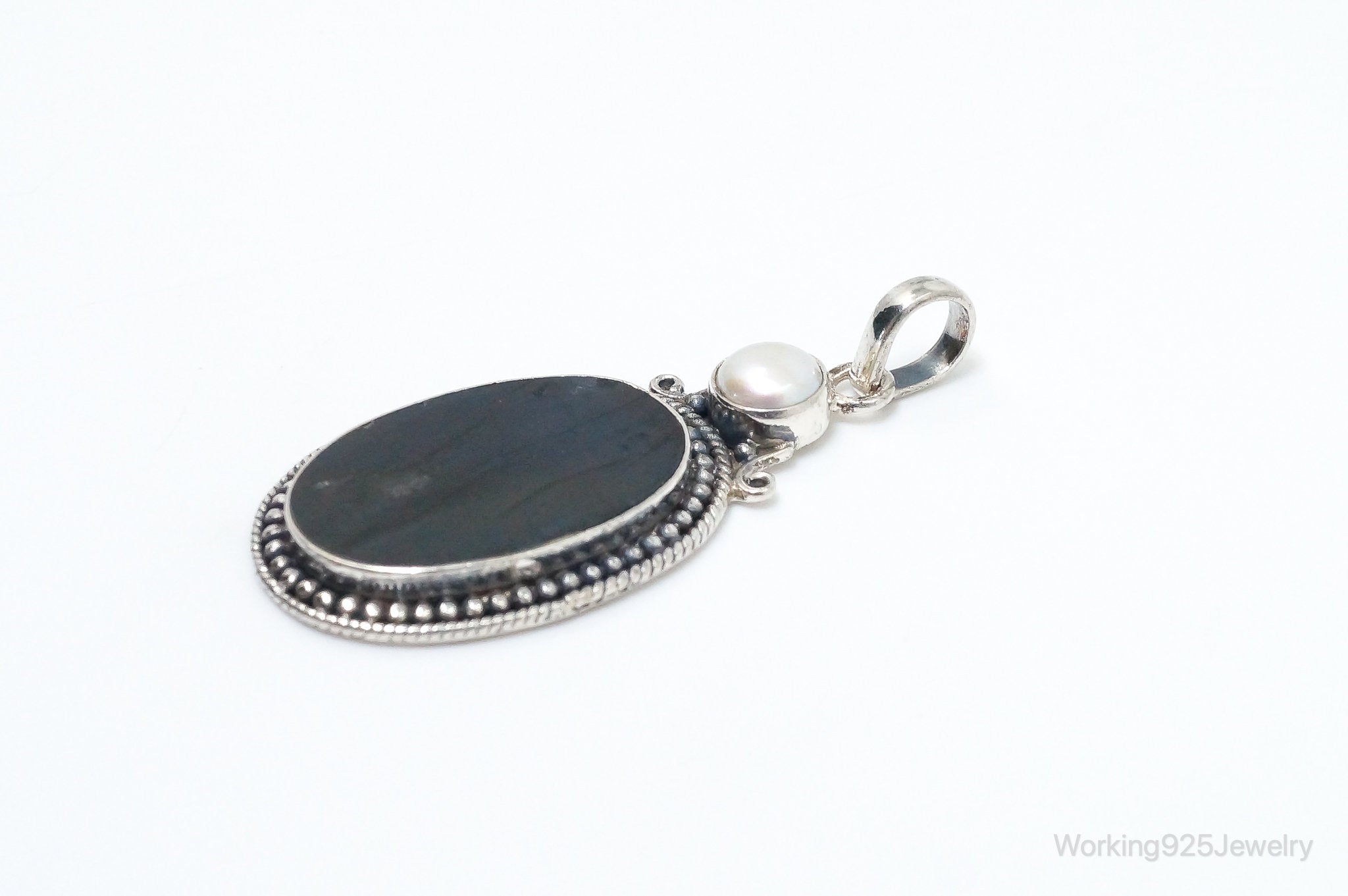 Vintage Large Labradorite Pearl Sterling Silver Necklace Pendant | Jewelry > Necklaces > Pendants | Wiccan Center