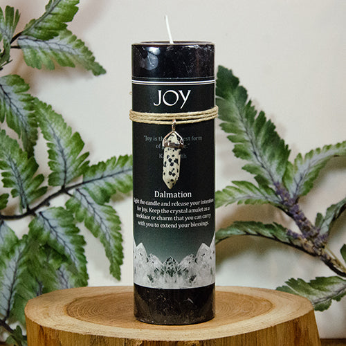 Joy Pillar w/Dalmatian Jasper | Candle | Wiccan Center