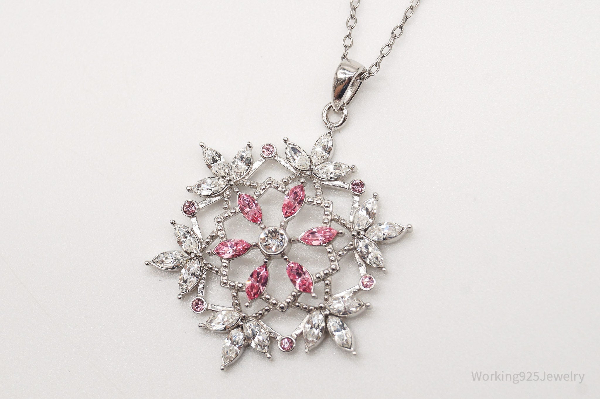 Vintage Designer RL Pink & White Crystal Snowflake Sterling Silver Necklace | Jewelry > Necklaces > Pendants | Wiccan Center