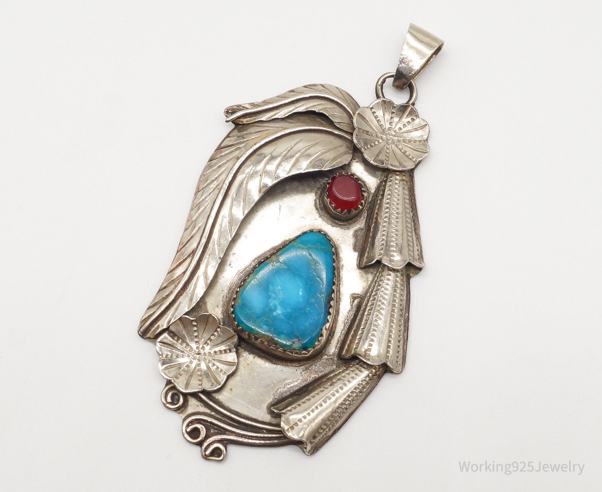 Large Vintage Native American Turquoise Carnelian Sterling Silver Pendant | Jewelry > Necklaces > Pendants | Wiccan Center