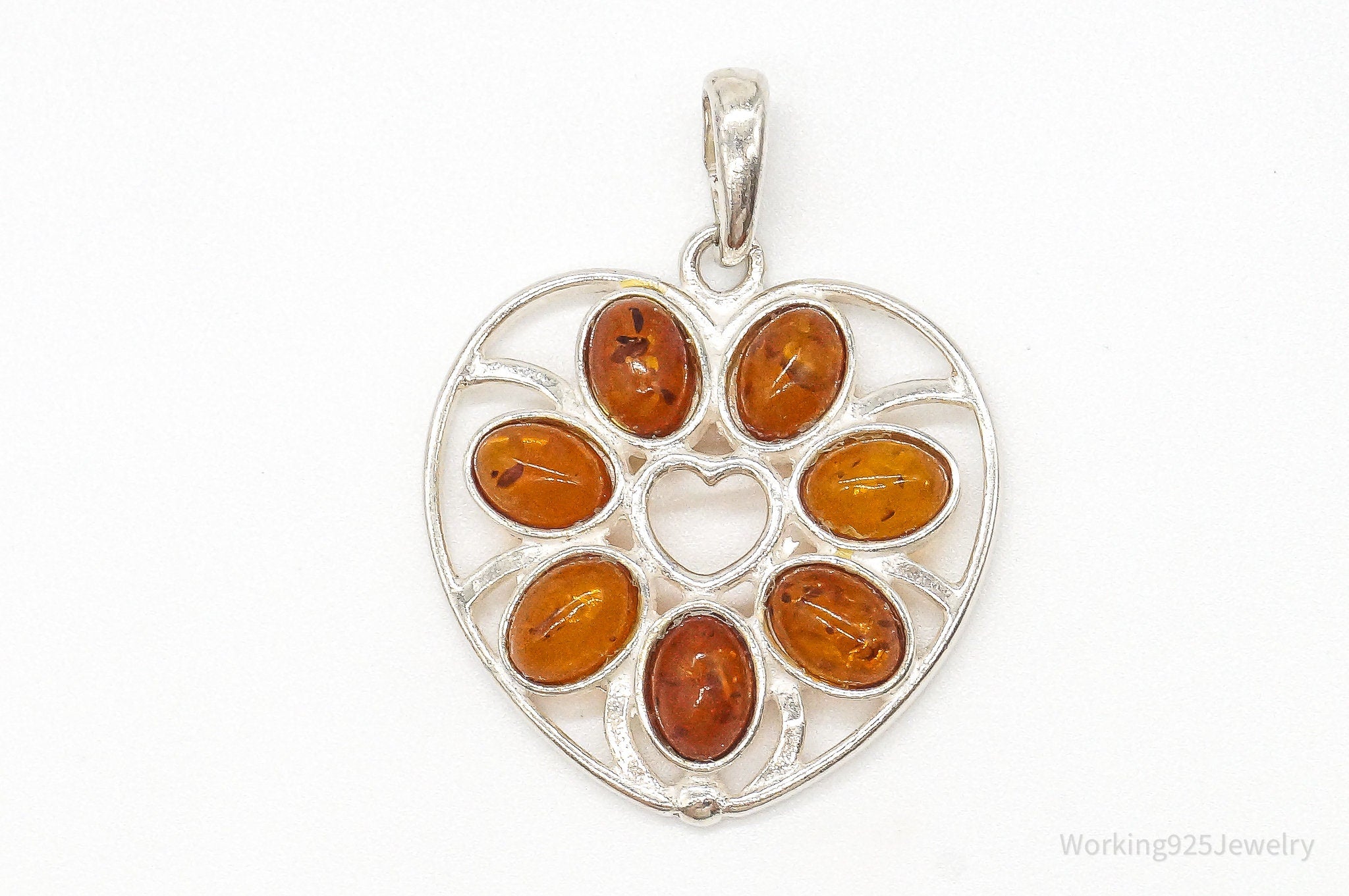 Vintage Amber Heart Modernist Sterling Silver Pendant | Jewelry > Necklaces > Pendants | Wiccan Center