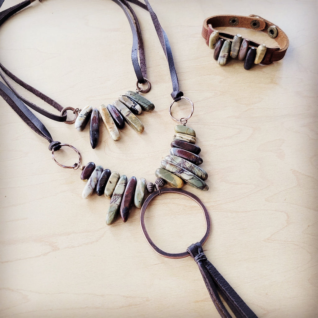 Picasso Jasper Stone Collar Necklace w/ Genuine Leather Cord 261f | Necklace | Wiccan Center