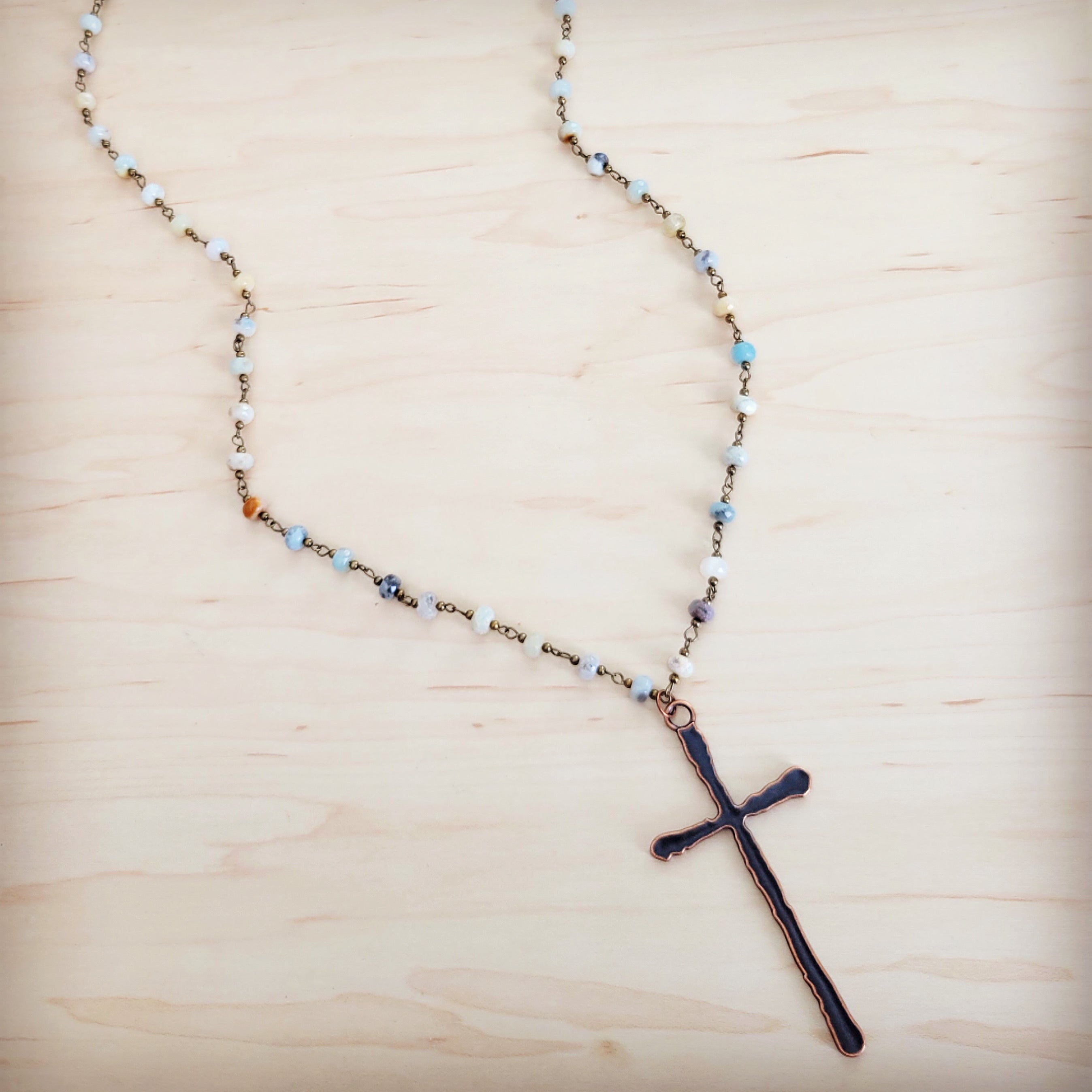Genuine Amazonite Long Beaded Necklace with Antique Copper Cross 262x | Necklace | Wiccan Center