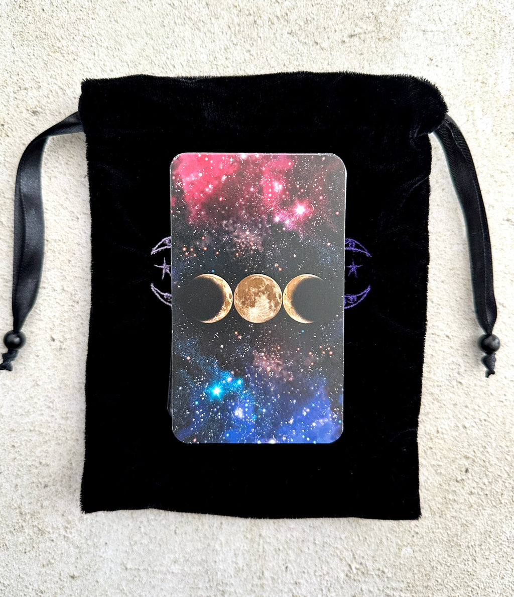 Triple Moon Black Velvet Embroidered Tarot Card Bag With Satin Lining