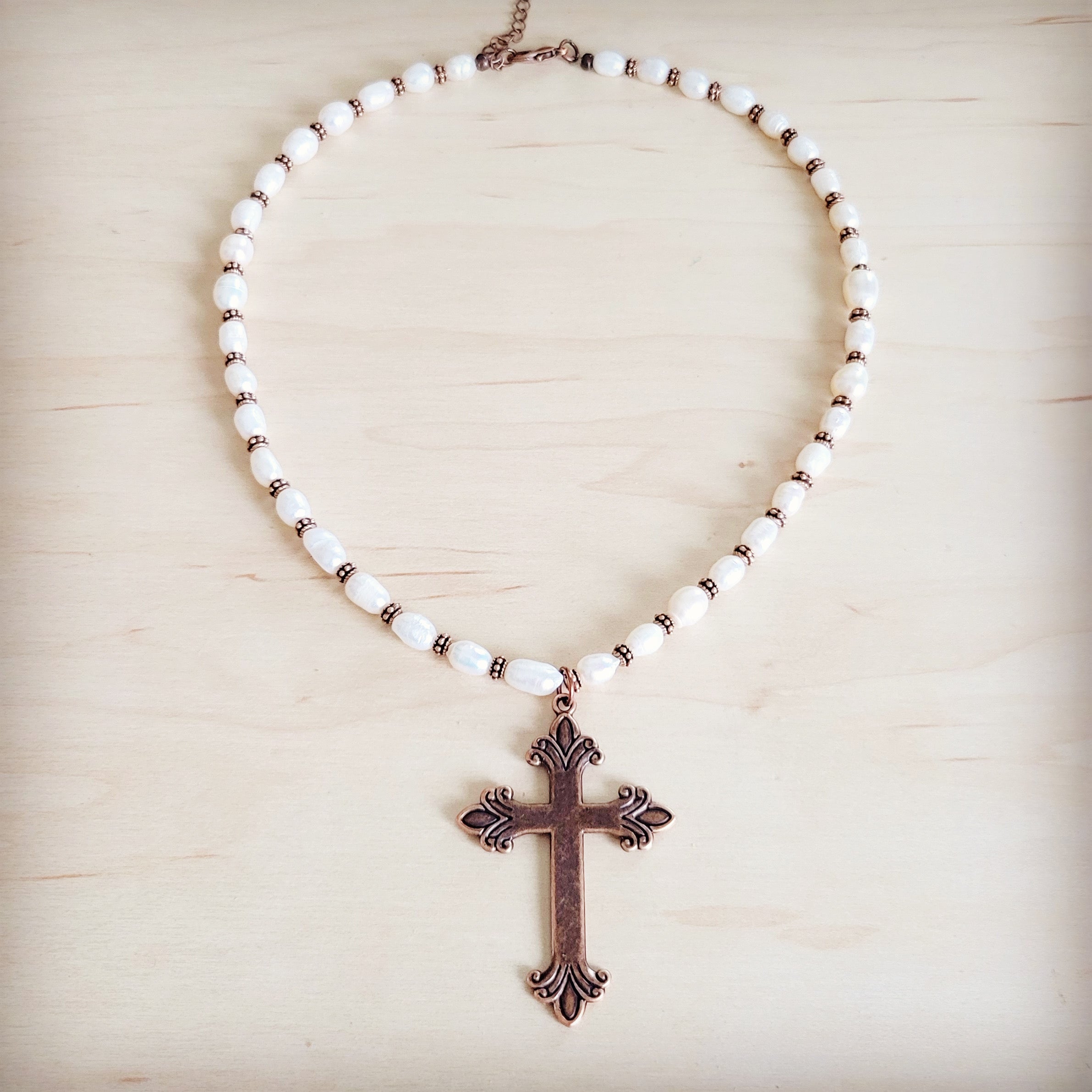 Genuine Freshwater Pearl Collar Boho Necklace w/ Cross 263s | Necklace | Wiccan Center