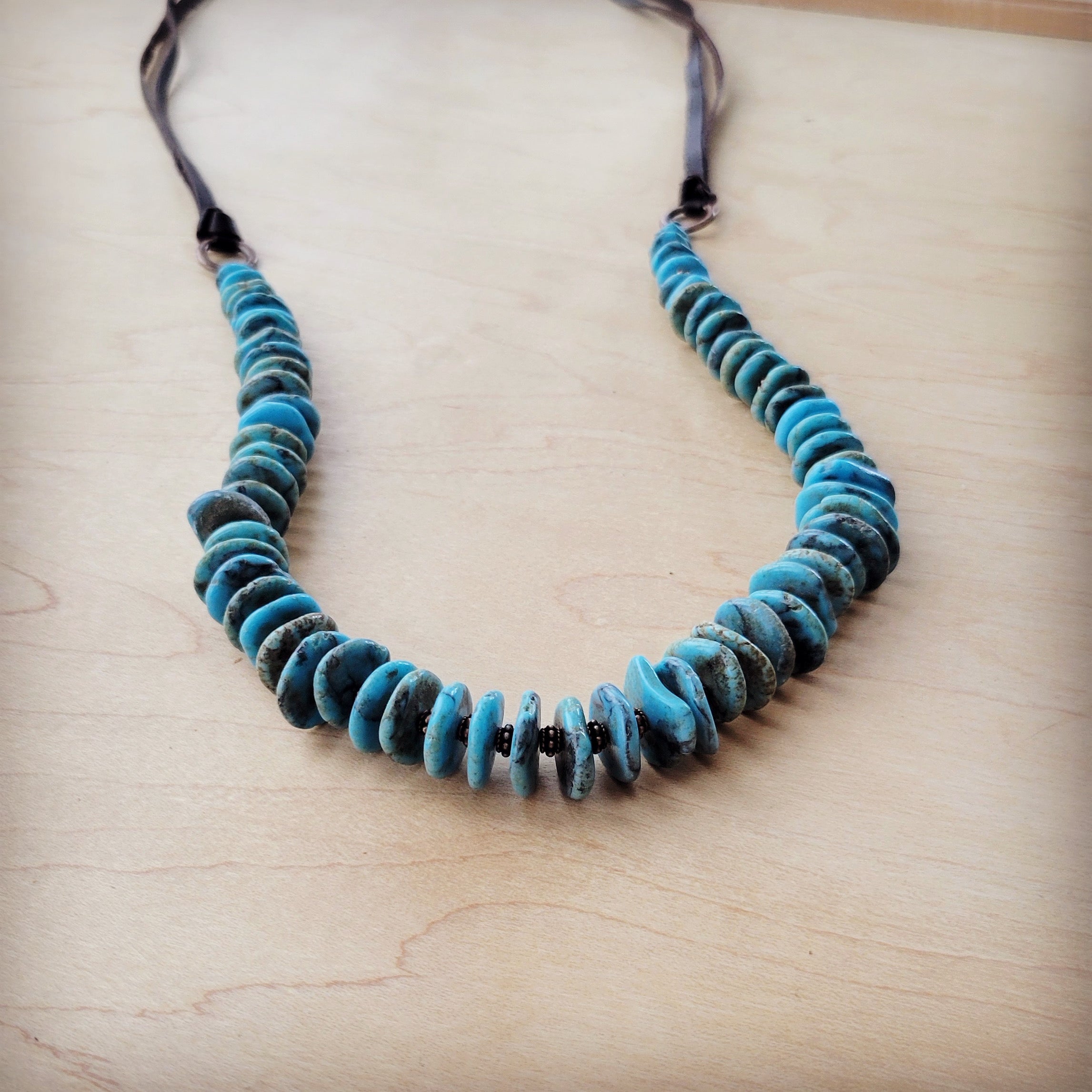 Turquoise Disc Necklace w/ Leather Ties 261x