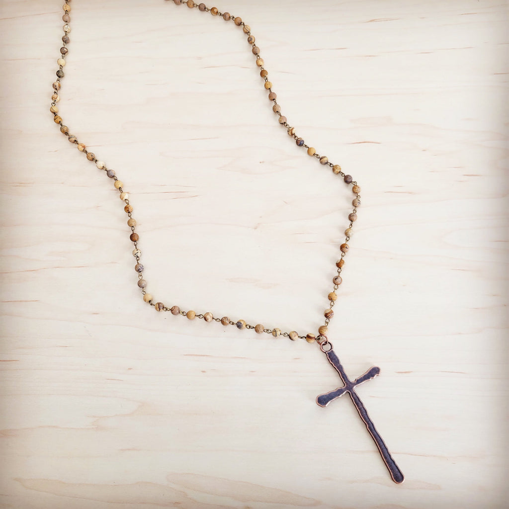 Genuine Picture Jasper Long Beaded Necklace with Antique Copper Cross 262w | Necklace | Wiccan Center