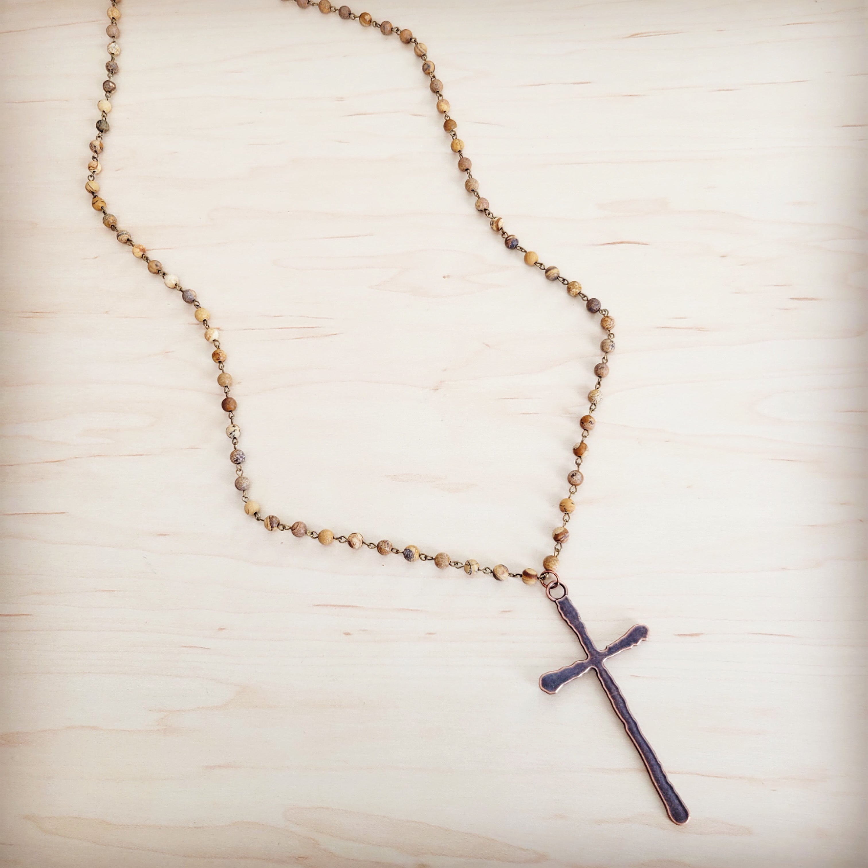 Genuine Picture Jasper Long Beaded Necklace with Antique Copper Cross 262w | Necklace | Wiccan Center