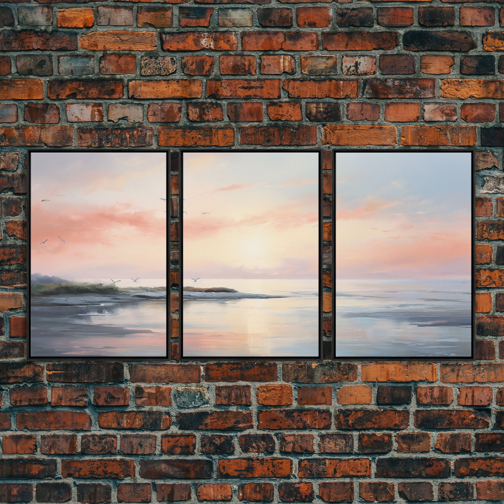 Pink Abstract Coastal Painting Canvas Print Wall Art Vintage Beach Print Girly Apartment Decor Seascape Print, 3 Piece Wall Art, Boho Decor