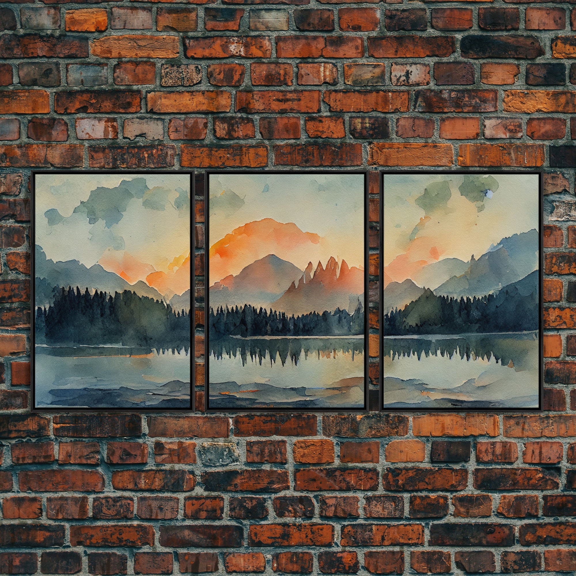 A Forest Fire, 3 Piece Canvas Wall Decor, Ready To Hang Canvas Prints, Watercolor, Orange Landscape Sunset Art, Canvas Wall Decor