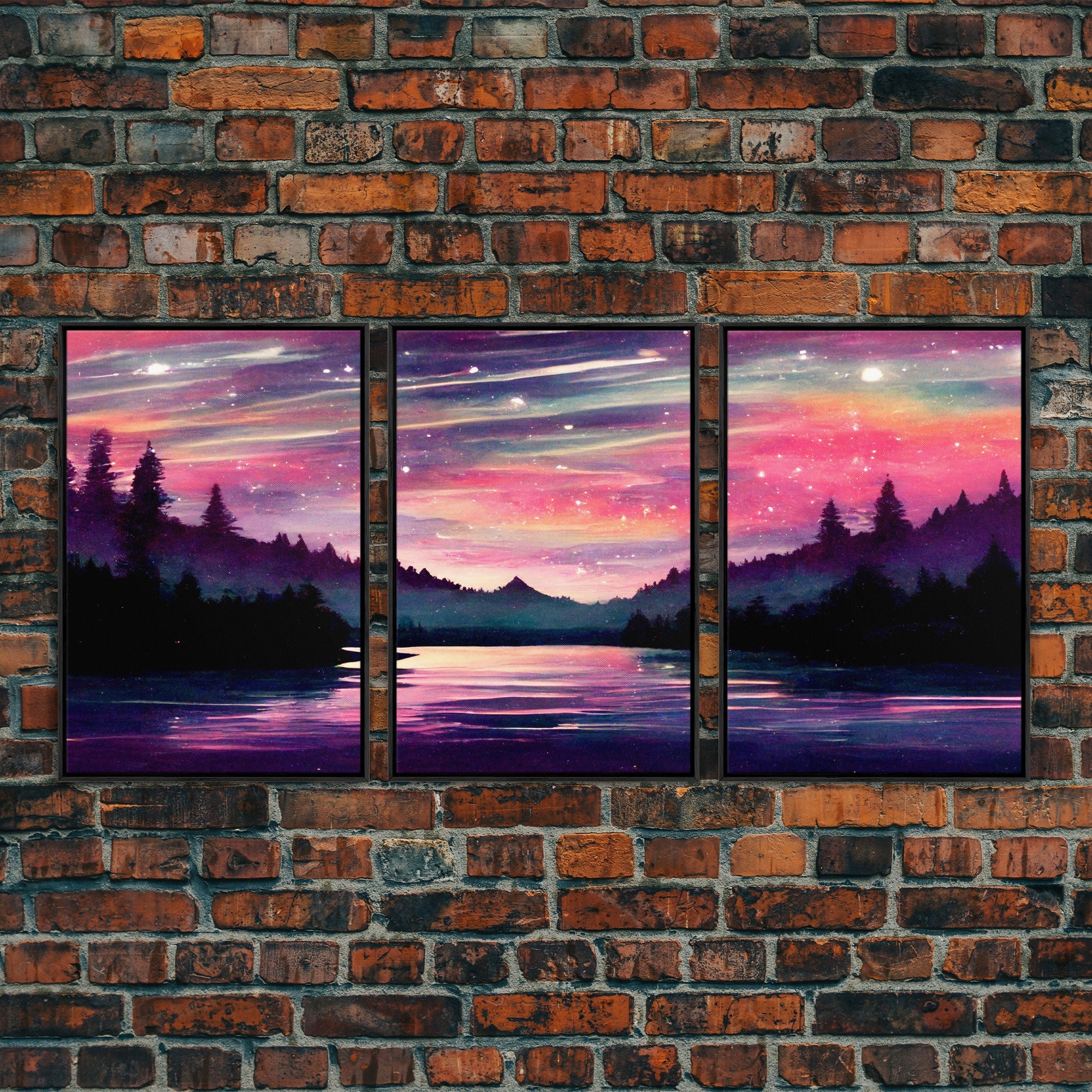Starry Night Magical Forest Fantasy Landscape, 3 Piece Wall Art, Ready To Hang Canvas Print, Cool Living Room Wall Art Decor | | Wiccan Center