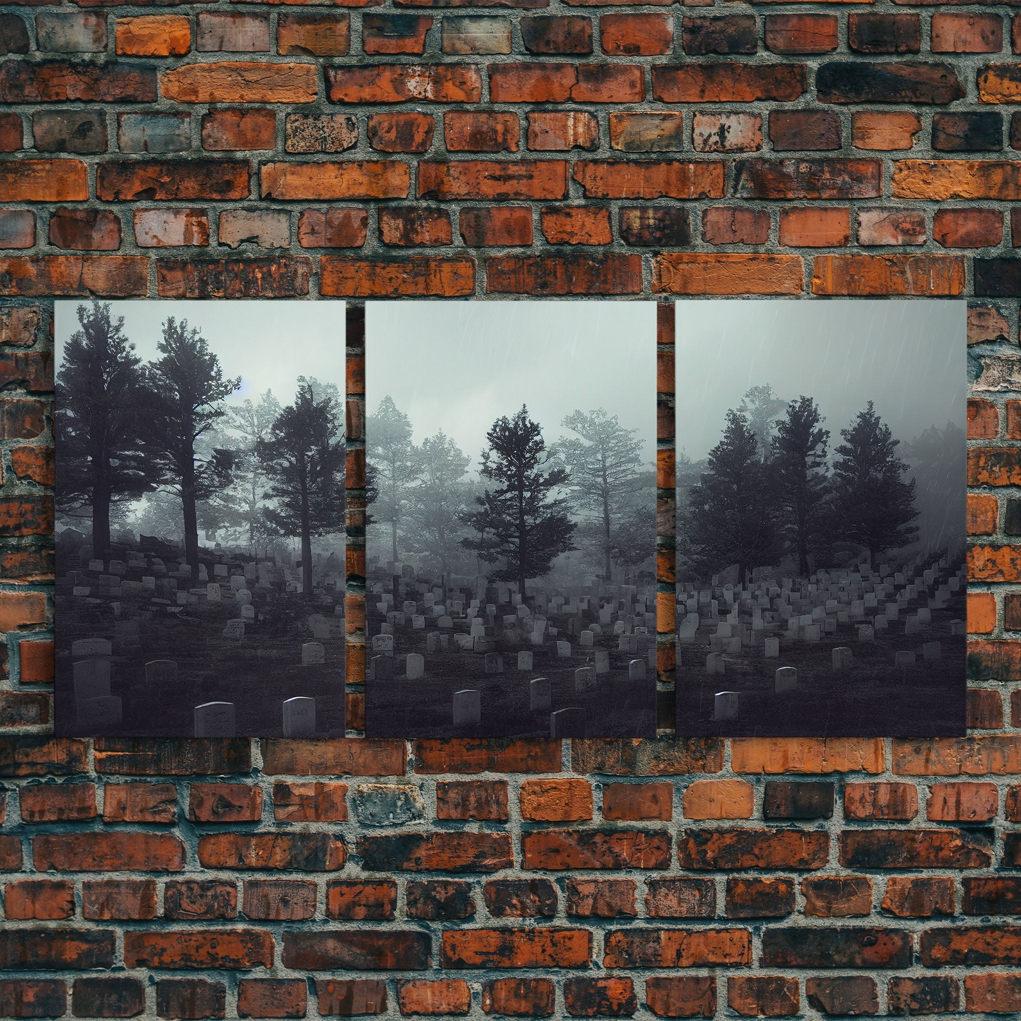 Spooky haunted graveyard at night, art for witches, 3 piece canvas, 3 piece wall art, cemetery art | | Wiccan Center