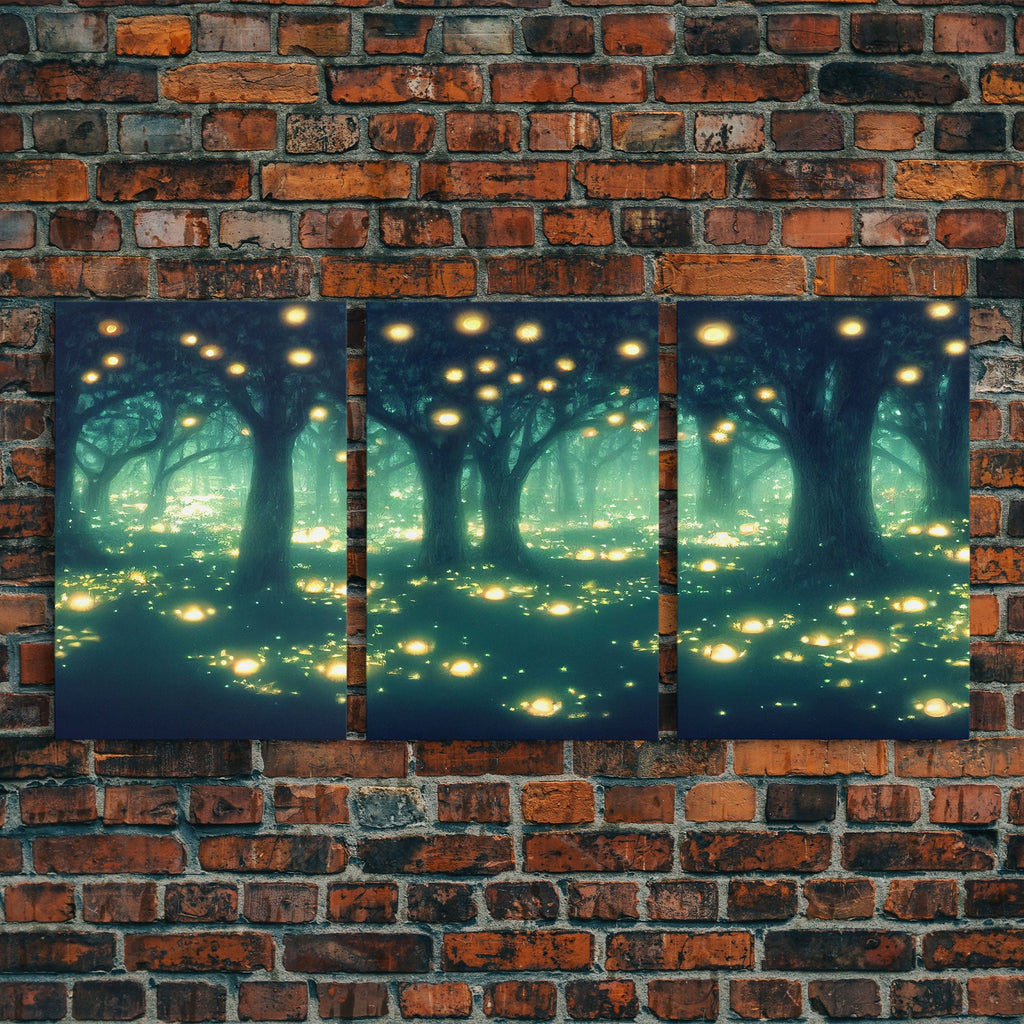 Fantasy forest wall decor, ready to hang 3 piece canvas print, 3 piece wall art, firefly wall art, Fireflies In A Fairy Forest at Night | | Wiccan Center