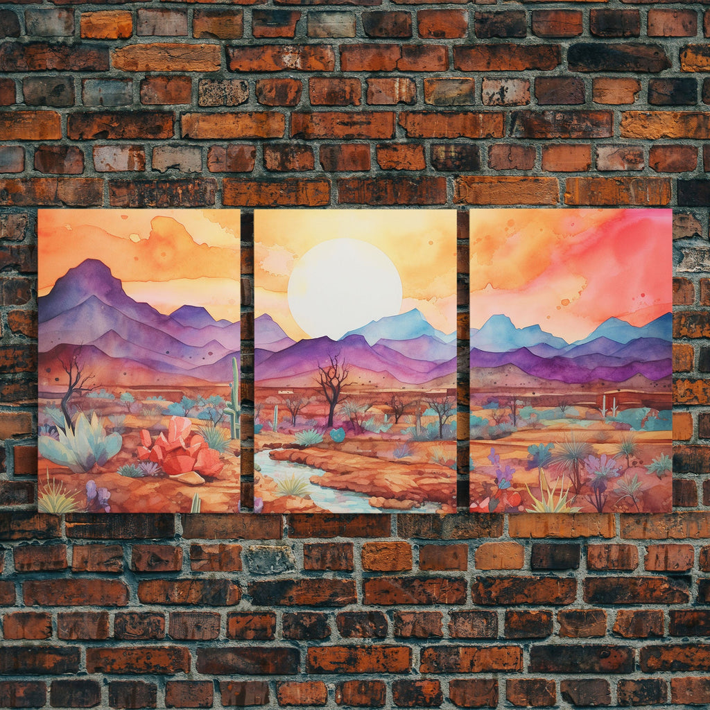 Black Framed 3 Piece Wall Art, Southwestern Desert Scene at Sunset, Minimalist Wall Art, MCM Style Midcentury Wall Decor, Above Sofa Art | | Wiccan Center