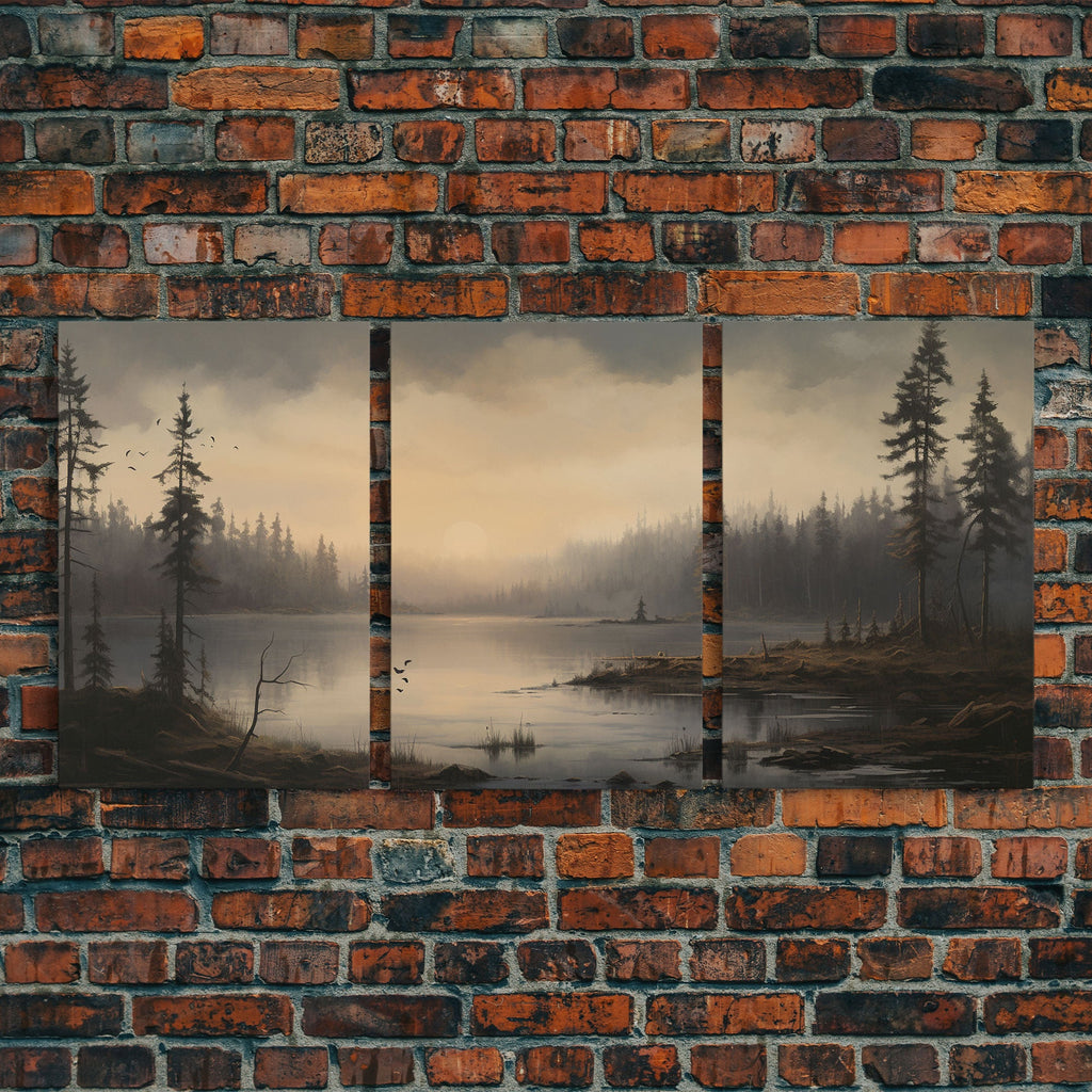 Moody 3 Piece Canvas Wall Art, Solumn PNW Lake At Sunset, Framed Canvas Print 3 Panel Set, Original Landscape Painting, Pacific Northwest | | Wiccan Center