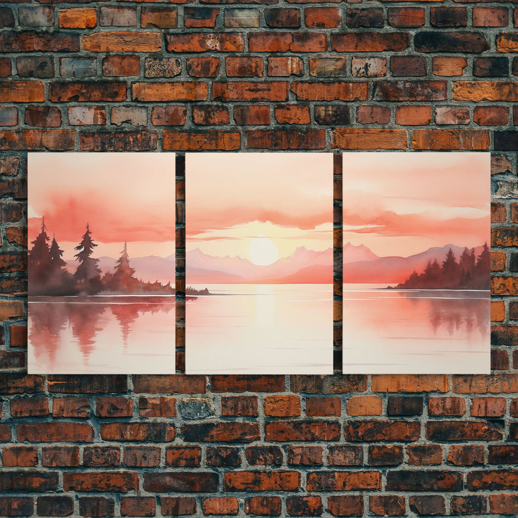 Beautiful Red Lake Sunset 3 Piece Framed Canvas Print Set, Above Sofa Art, Living Room Decor, Beautiful Wall Art, Watercolor Painting | | Wiccan Center