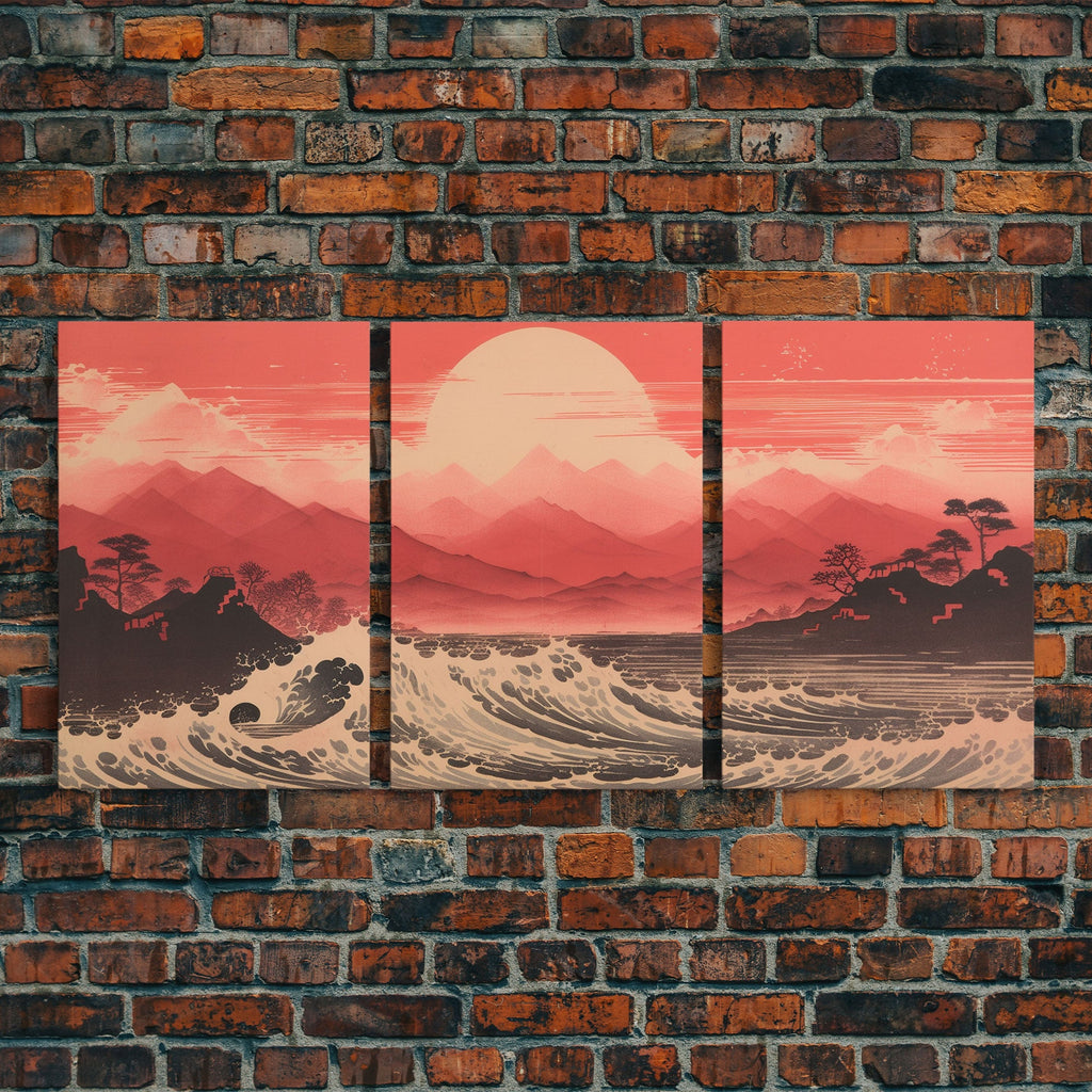 Ocean Wall Art, Ocean Waves, Mountains Print, Sunset Print, Canvas Print, Wall Art, 3 Piece Wall Art, Retro Wall Decor, Seascape Wall Art | | Wiccan Center