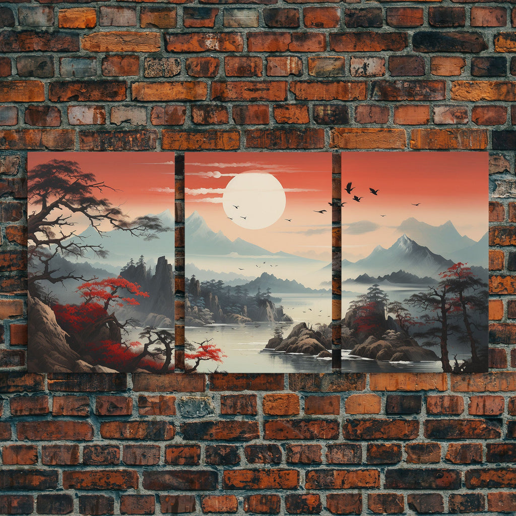 Japanese Wall Art, Mountains Print, Sunset Print, Canvas Print, Wall Art, 3 Piece Wall Art, Unique Wall Decor, Living Room Wall Art | | Wiccan Center