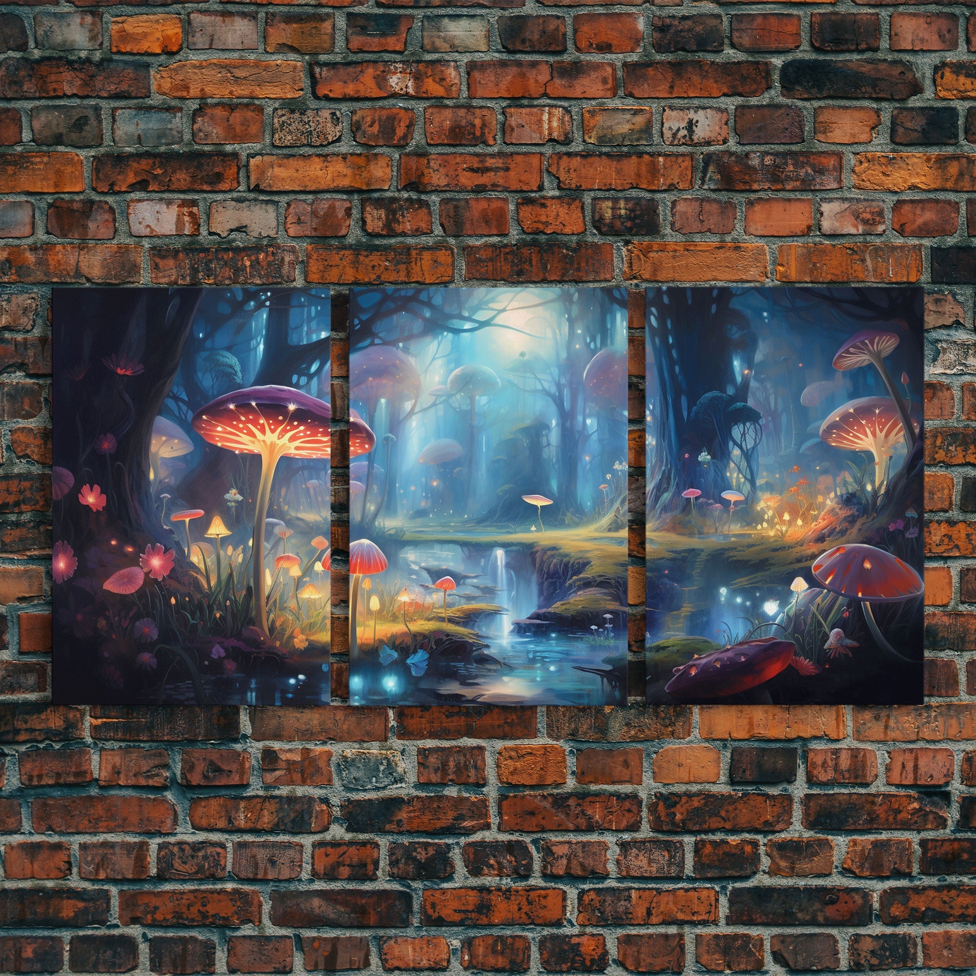 Magical dark forest art print on canvas, fantasy forest, oil style painting, large landscape wall art for home, ready to hang, 3 Piece Art | | Wiccan Center